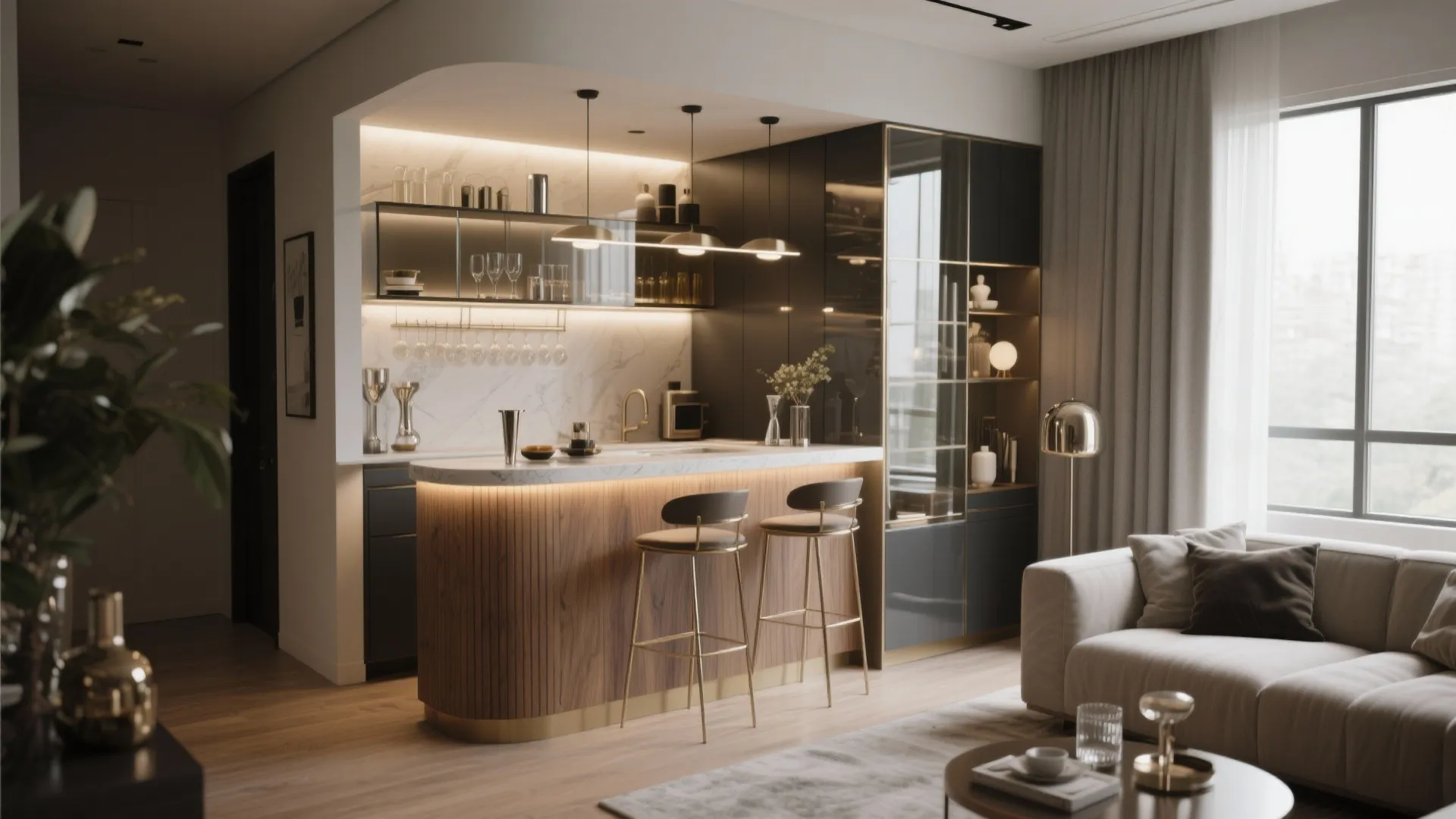 Modern home bar with wood panel counter two chairs ceiling light and marble wall background