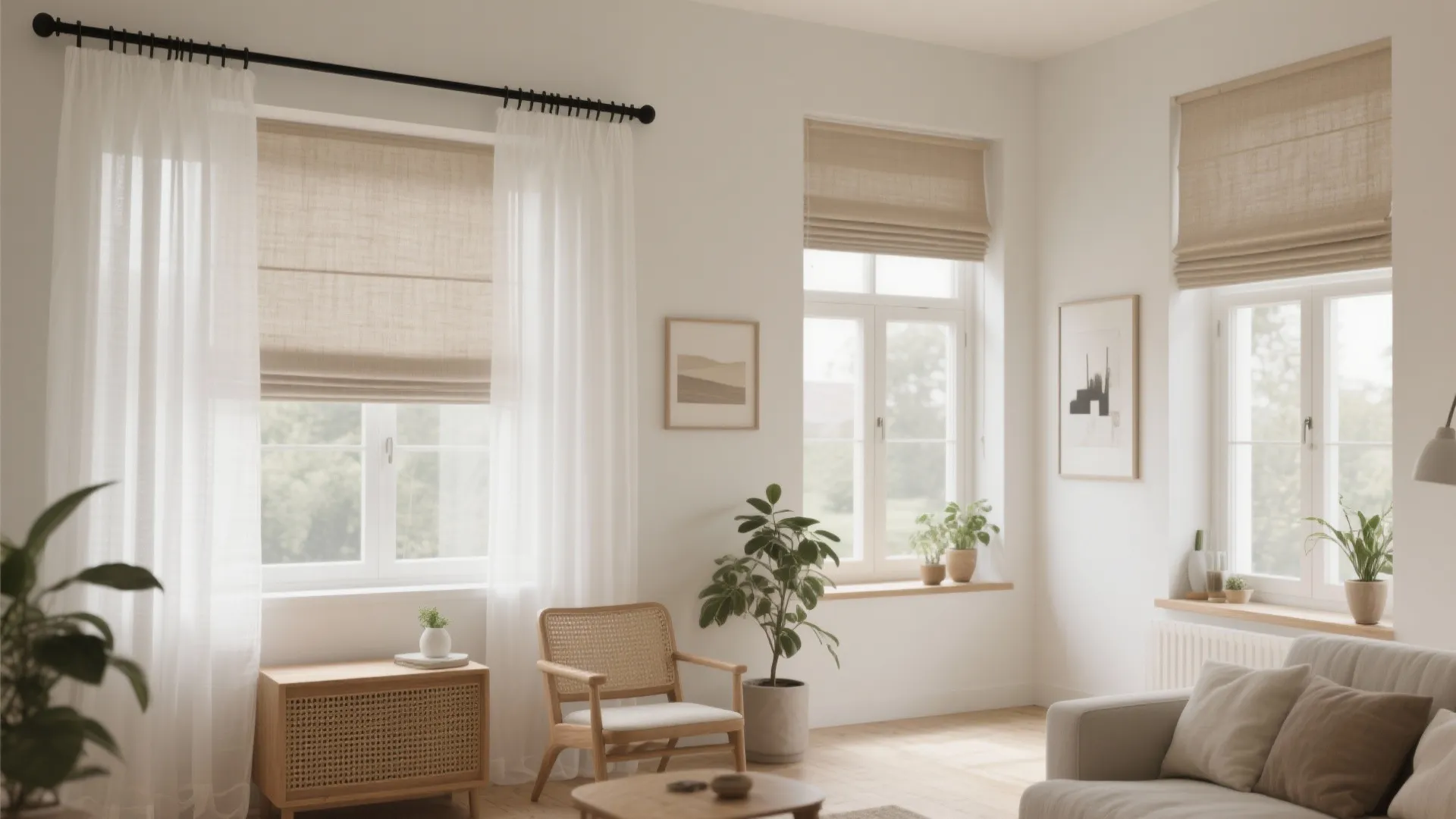 Bright living room with white windows, woven blinds, sheer white curtains, wooden chair, and plants