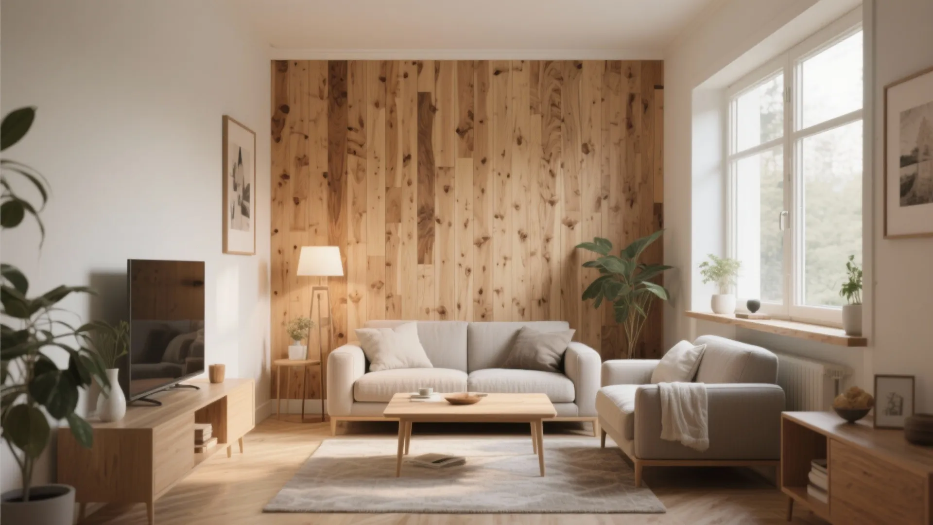Bright living room with light wood wall paneling grey sofa wooden coffee table and plants