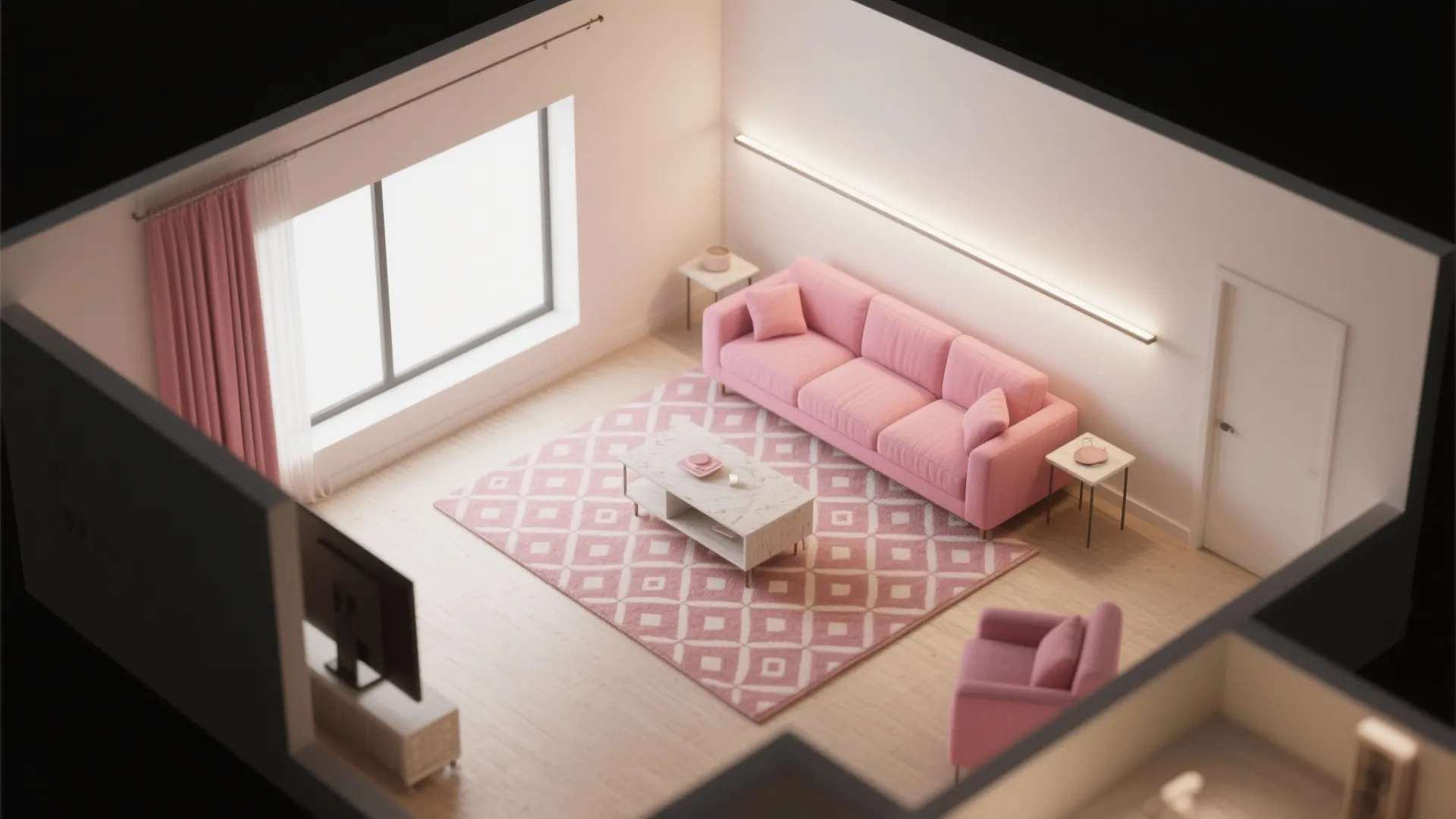 Graphic Balance: Geometric Rug and Linear Lighting