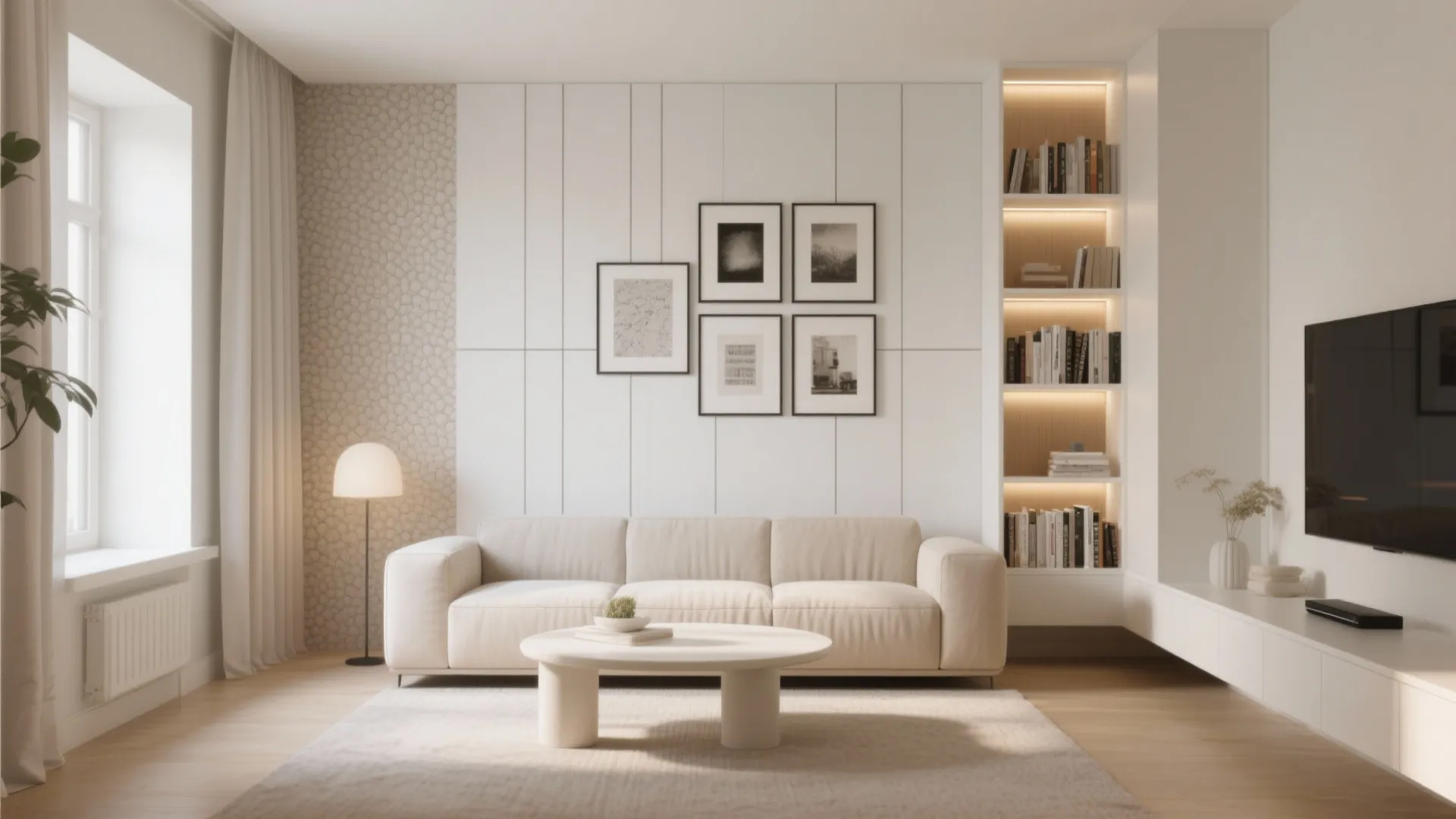 Bright living room with white sofa, round coffee table, wall panels, pictures, and illuminated bookshelf