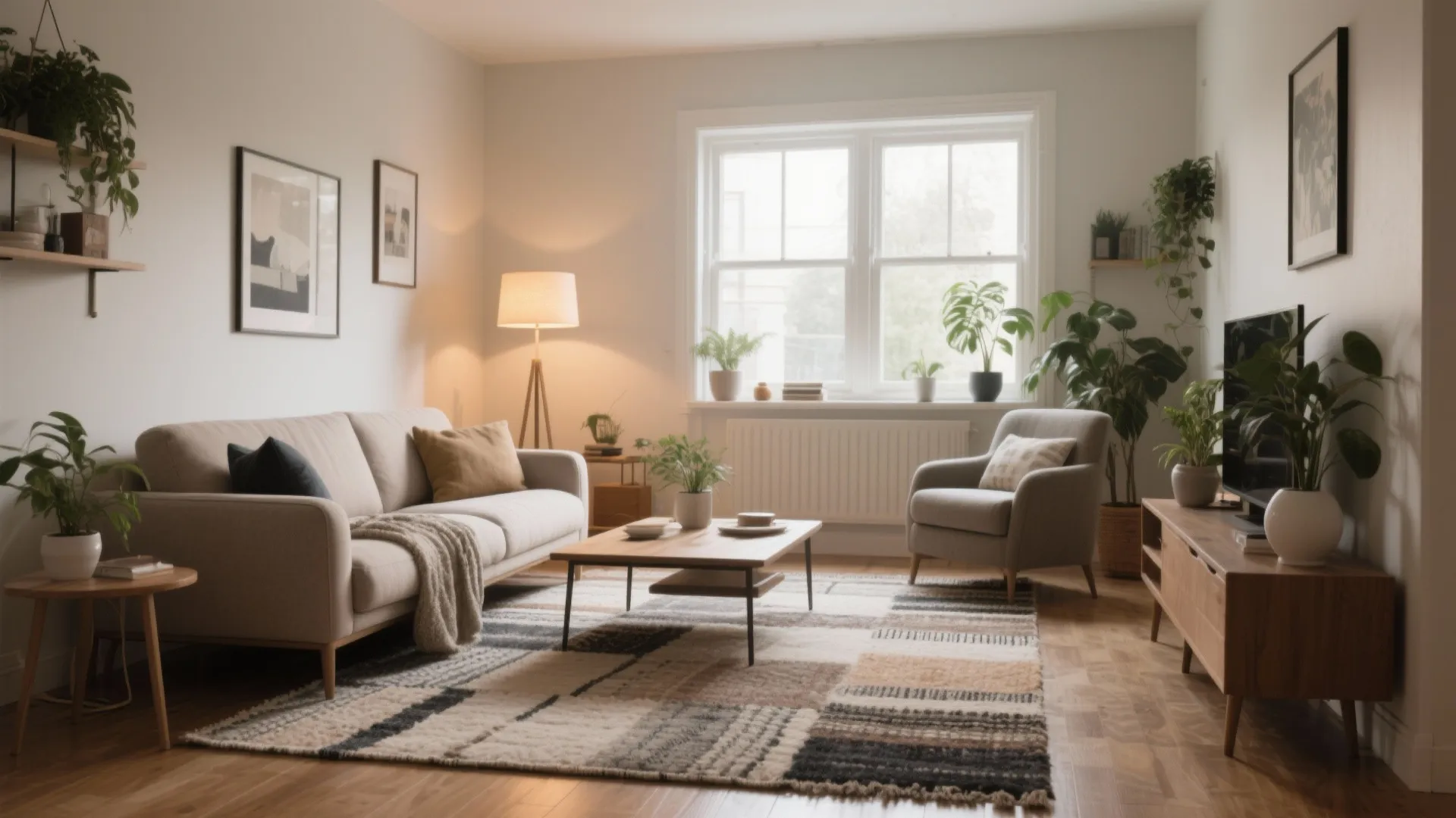 Cozy living room with beige sofa wooden coffee table floor lamp many green potted plants
