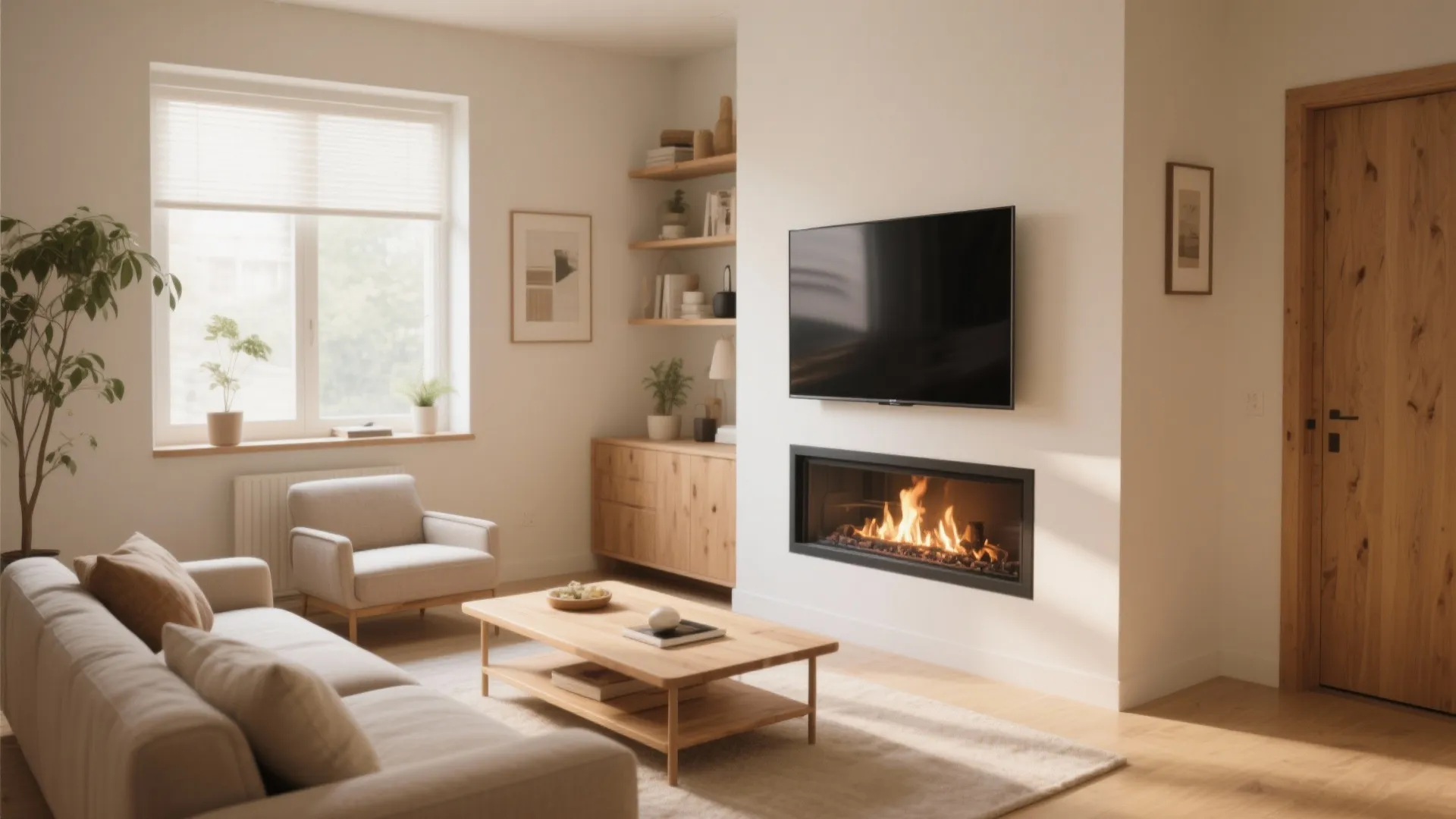 Bright living room with grey sofa armchair wooden cabinet fireplace and television near a window