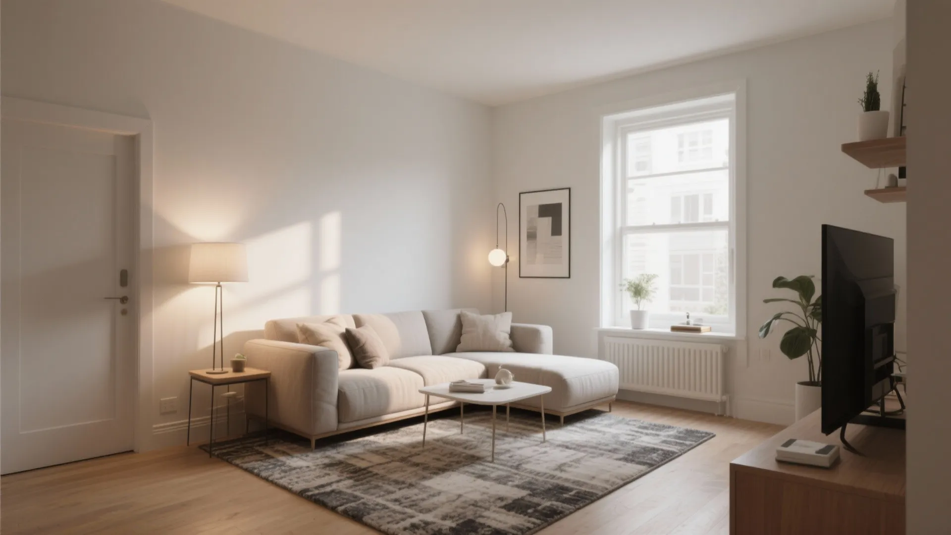 Bright minimalist living room featuring a beige sofa wooden floor television and large white framed window