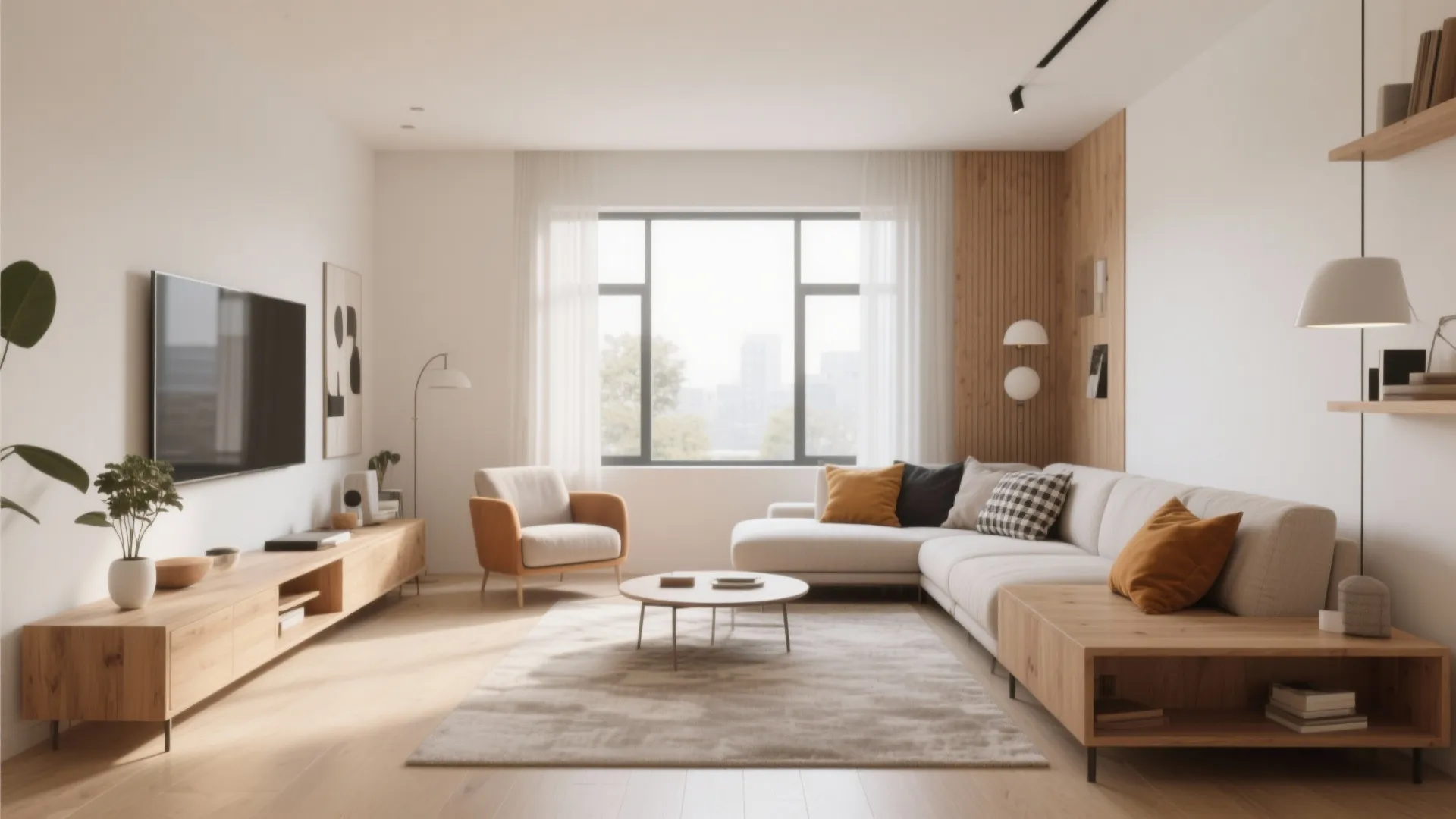 Modern bright living room with white sofa wooden cabinet round coffee table and large window view