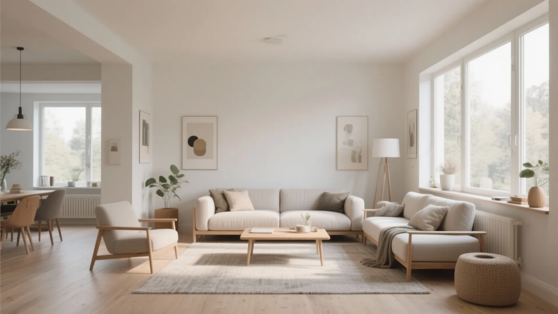 Bright minimalist living room with cream sofa coffee table grey rug wooden floor and natural light