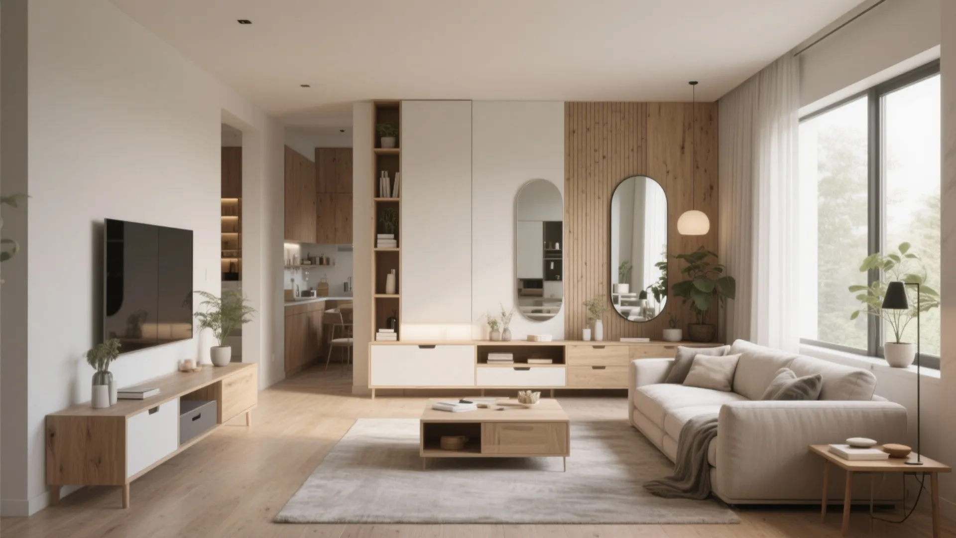 Modern minimal living room interior design with wood furniture white sofa and large bright windows