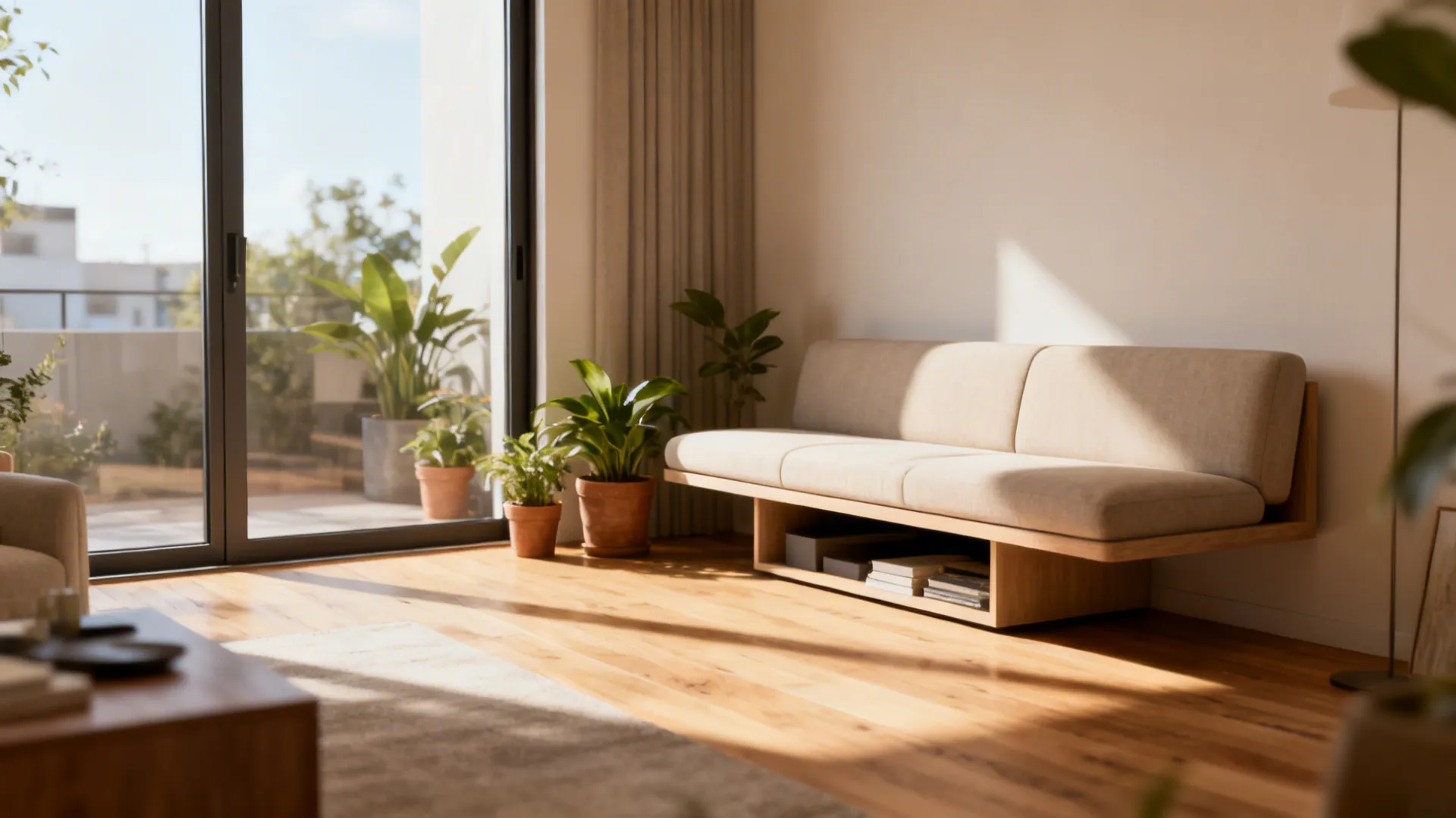Bright living room with modern wooden sofa, green plants, glass sliding door, and wooden floor