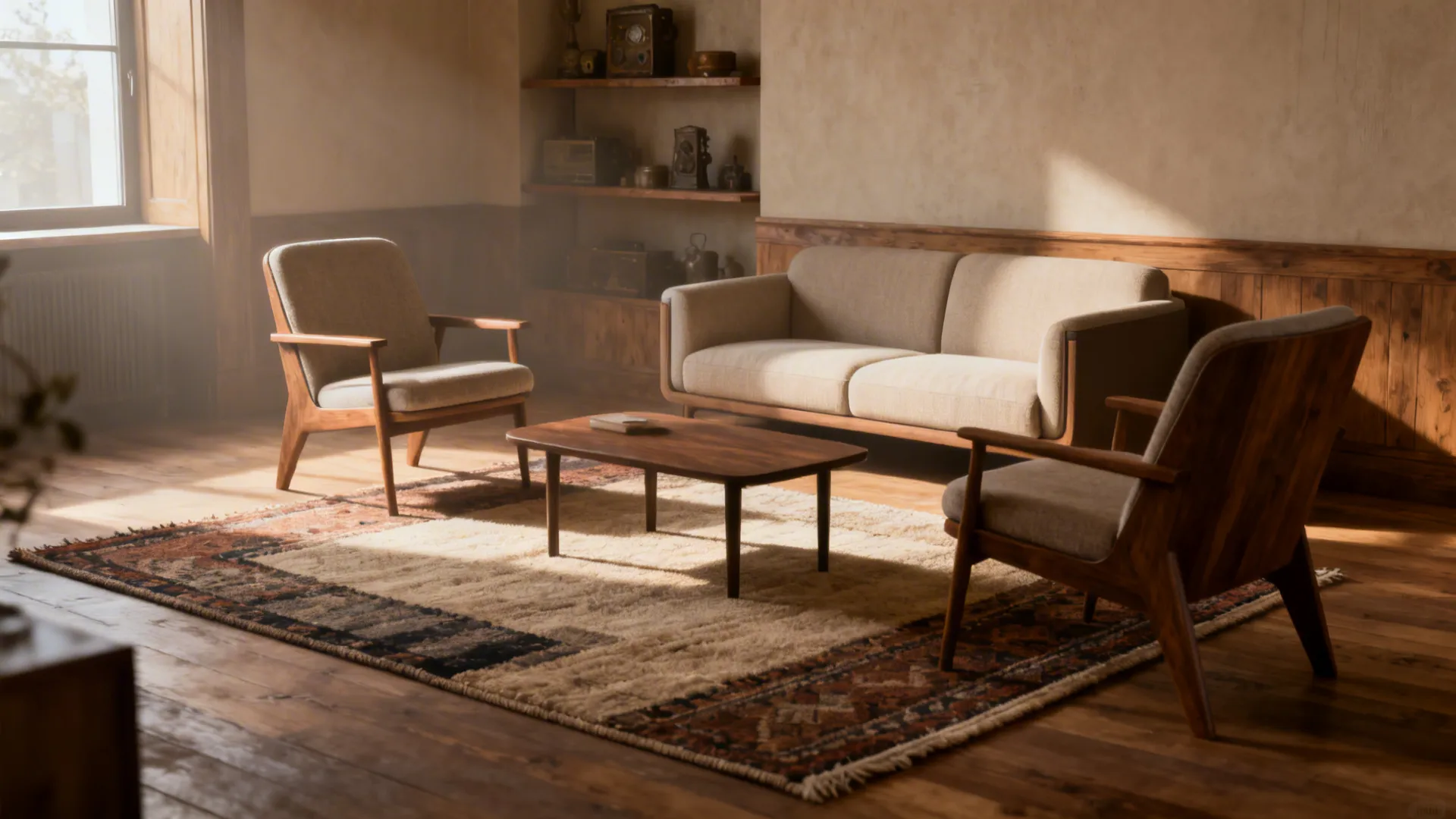 Cozy rustic living room with beige sofa two wooden chairs coffee table and a large rug