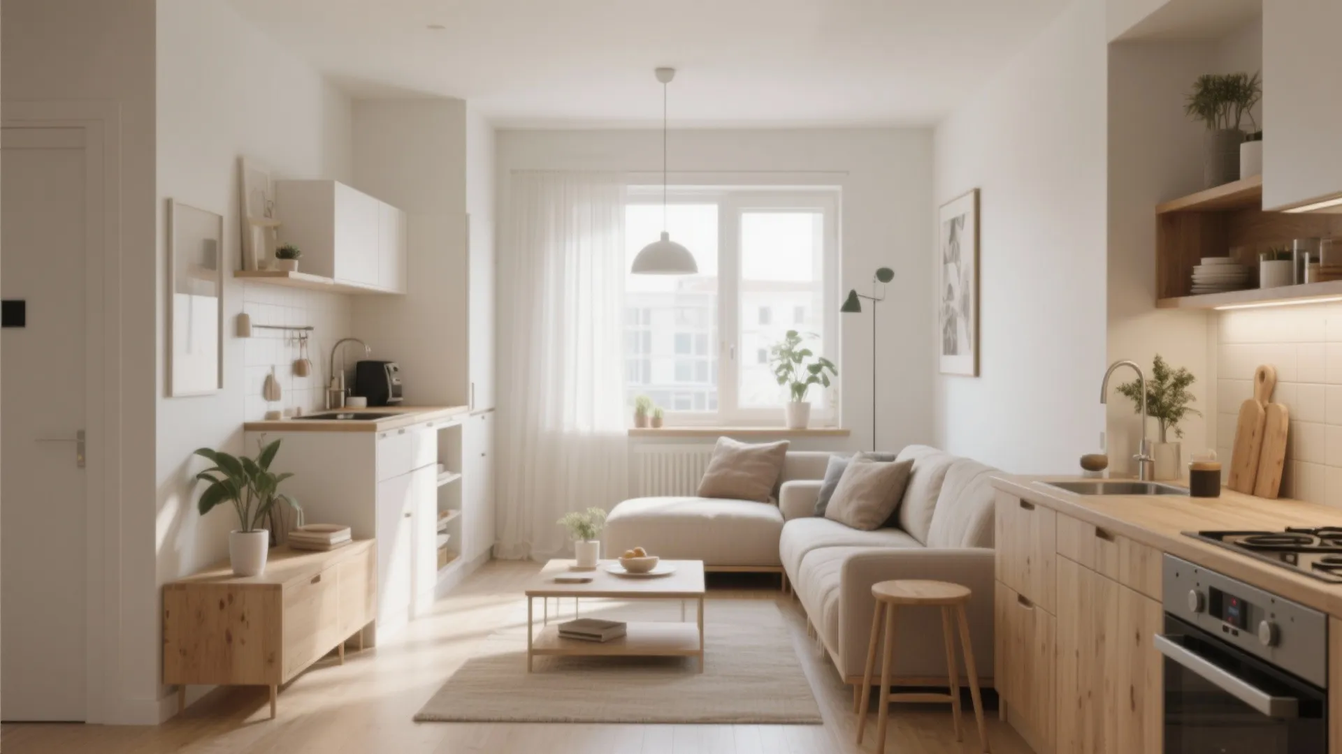 Modern open plan living room and kitchen area with white walls wooden floor and beige sofa