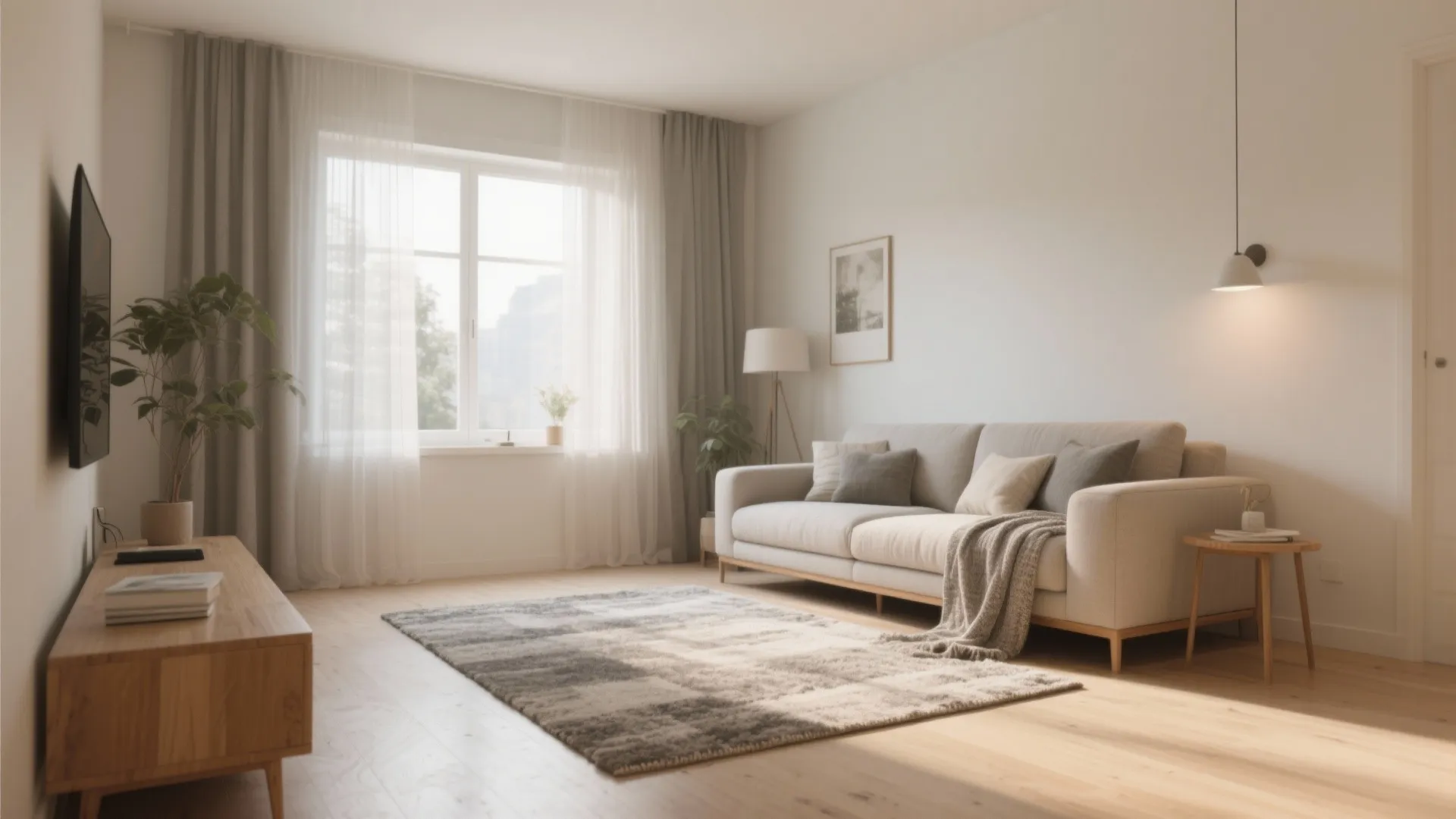 Neutral tone living room with beige sofa grey rug wood cabinet and large bright window