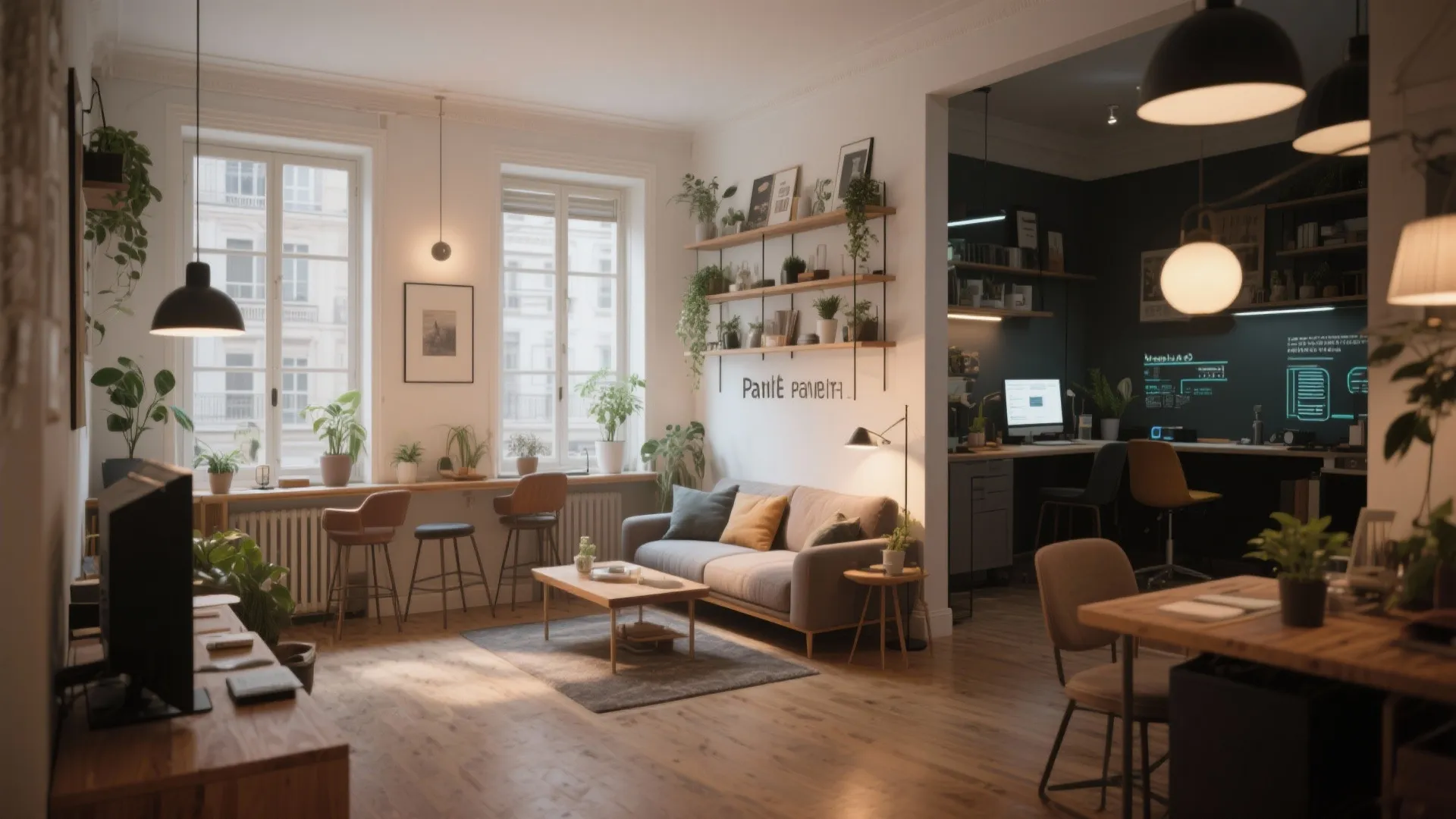 Open plan studio apartment with grey sofa wooden coffee table and shared home office workspace
