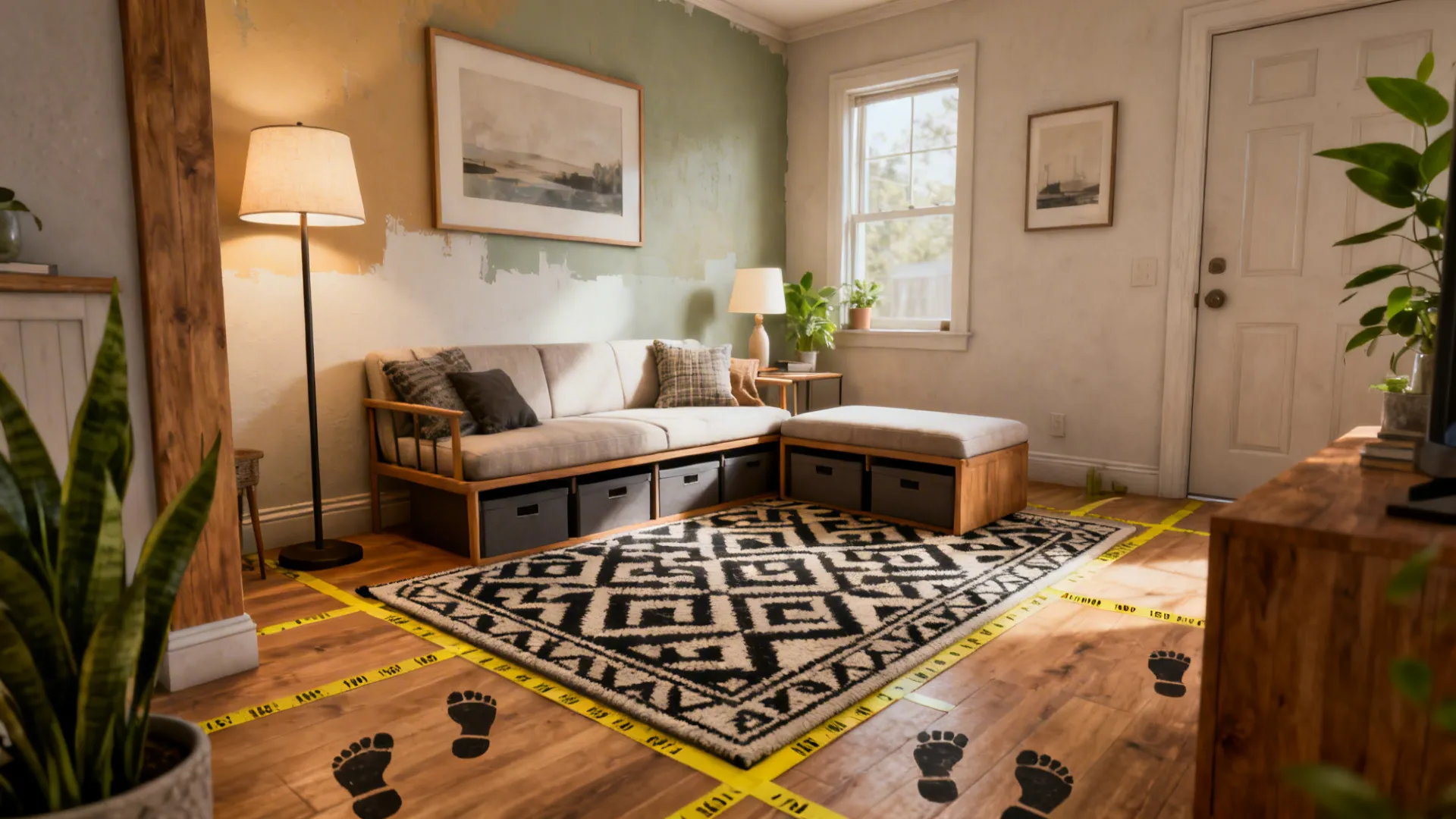 Living room with sofa and storage bins black and white rug and yellow floor tape