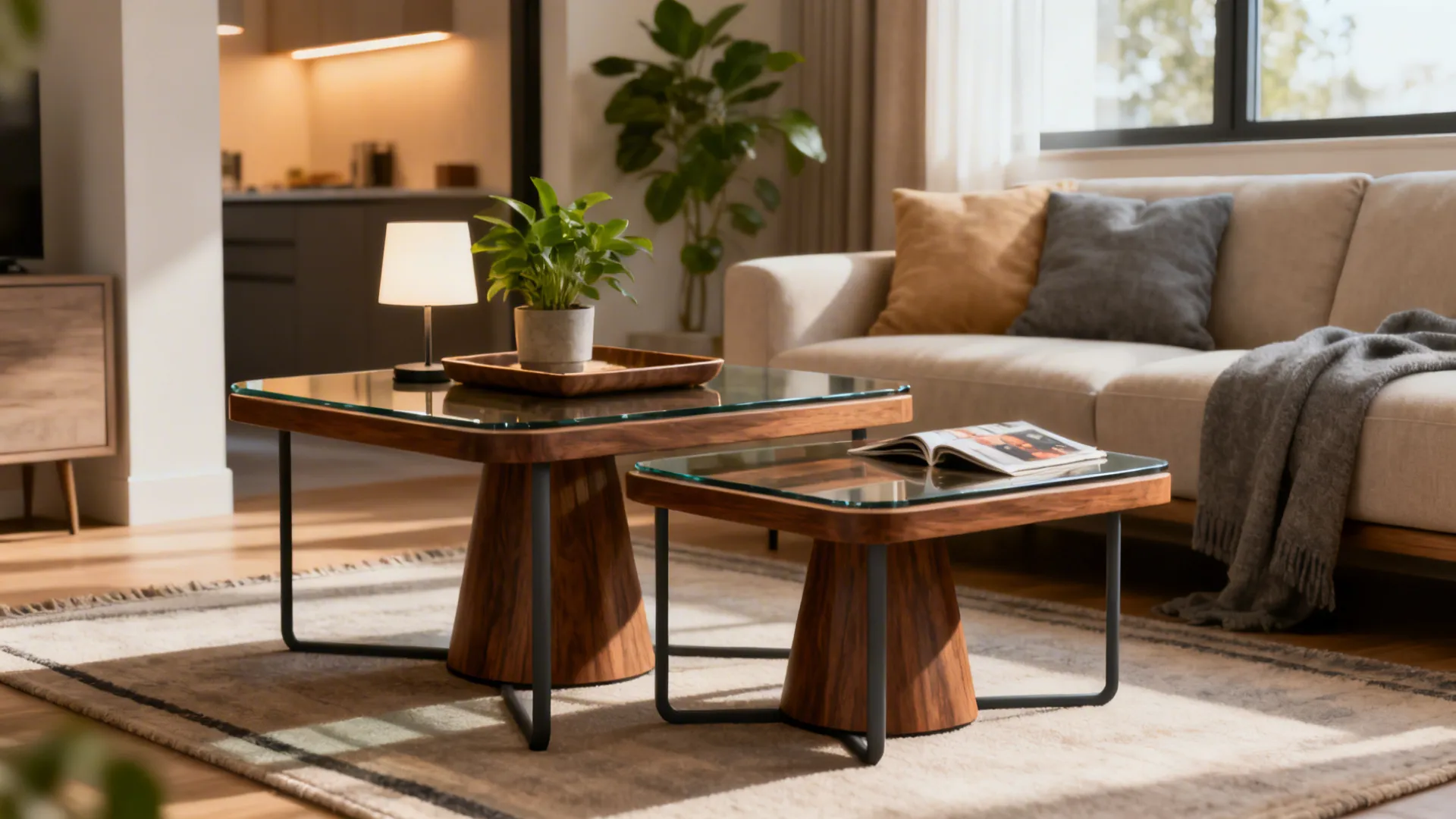 Two wooden coffee tables with glass tops in a living room with sofa and plant