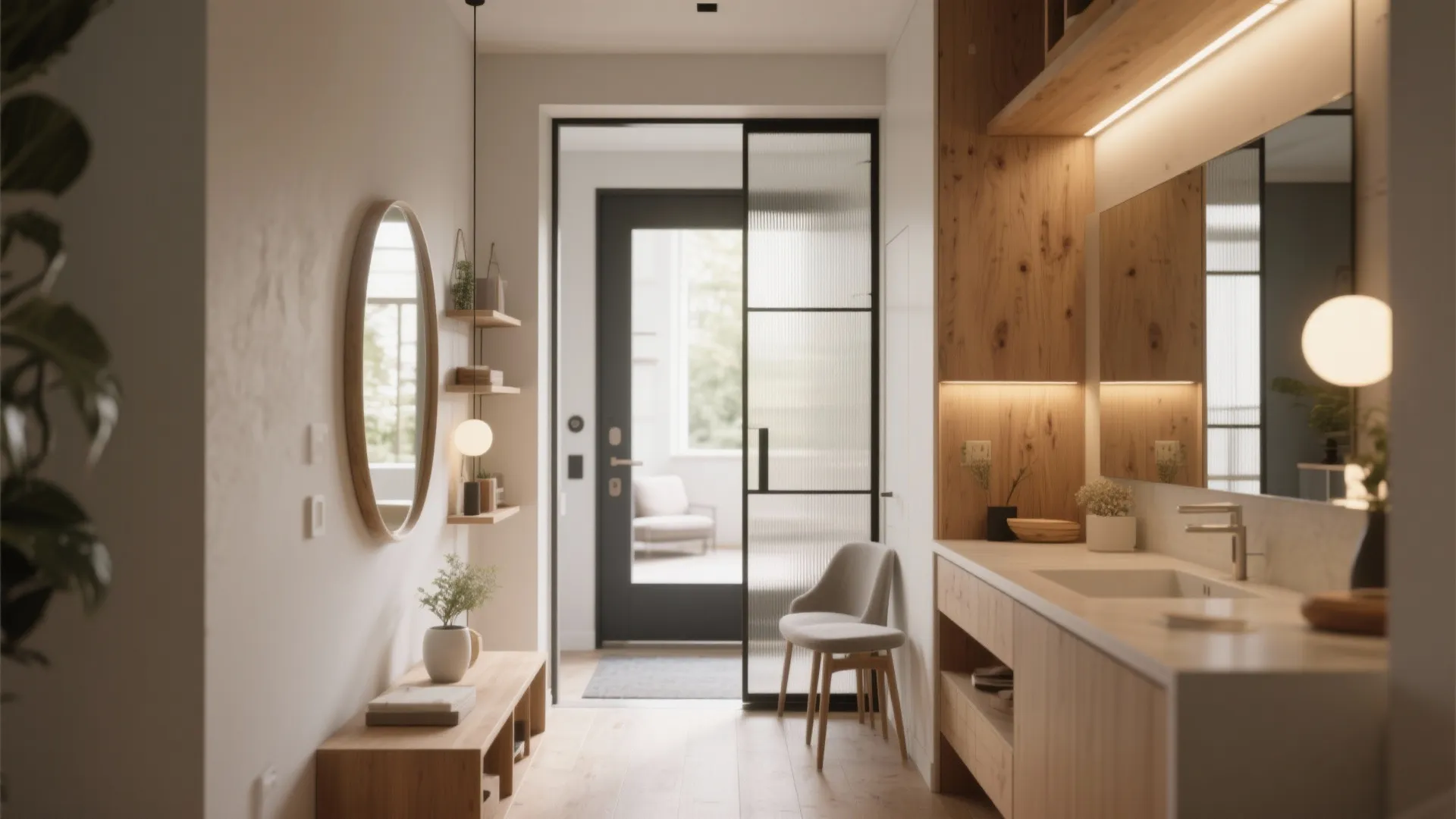 Modern entryway featuring a round mirror wooden bench glass sliding door and white sink area
