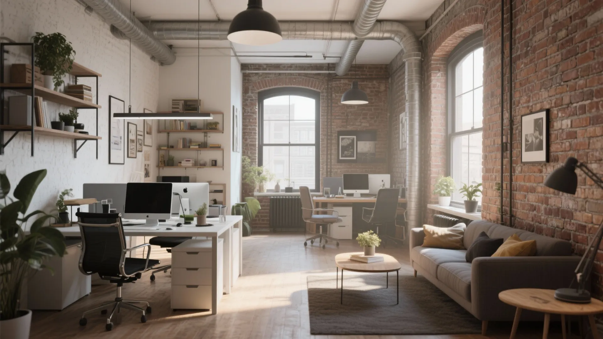 Bright loft office interior with brick walls sofa white desks grey rug and large windows