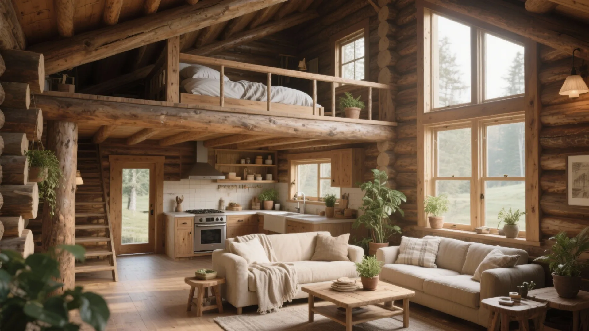 Cozy log cabin interior with loft bed kitchen living room area and large glass windows