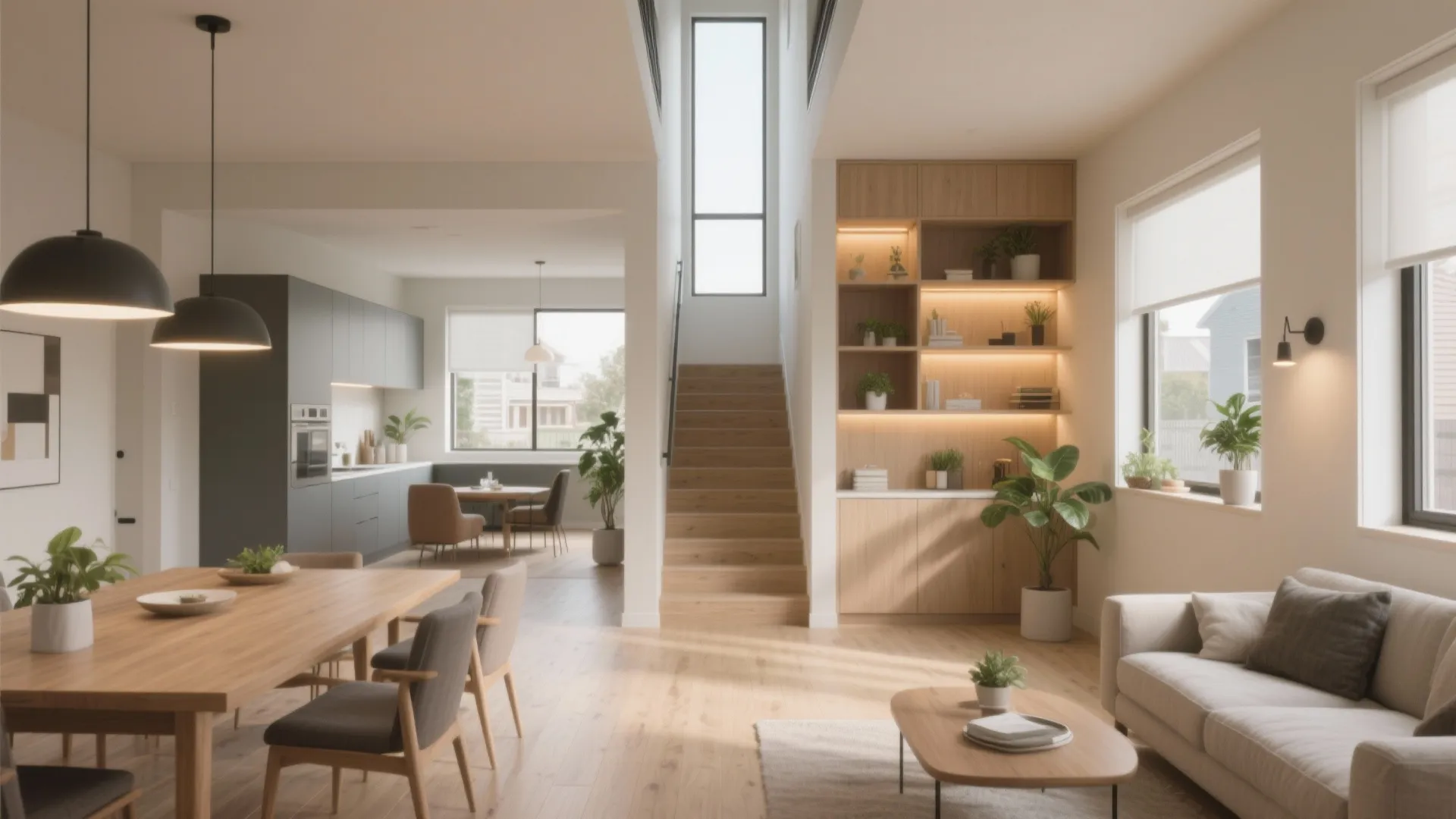 Modern open plan living room with wooden stairs kitchen dining area sofa and bright windows