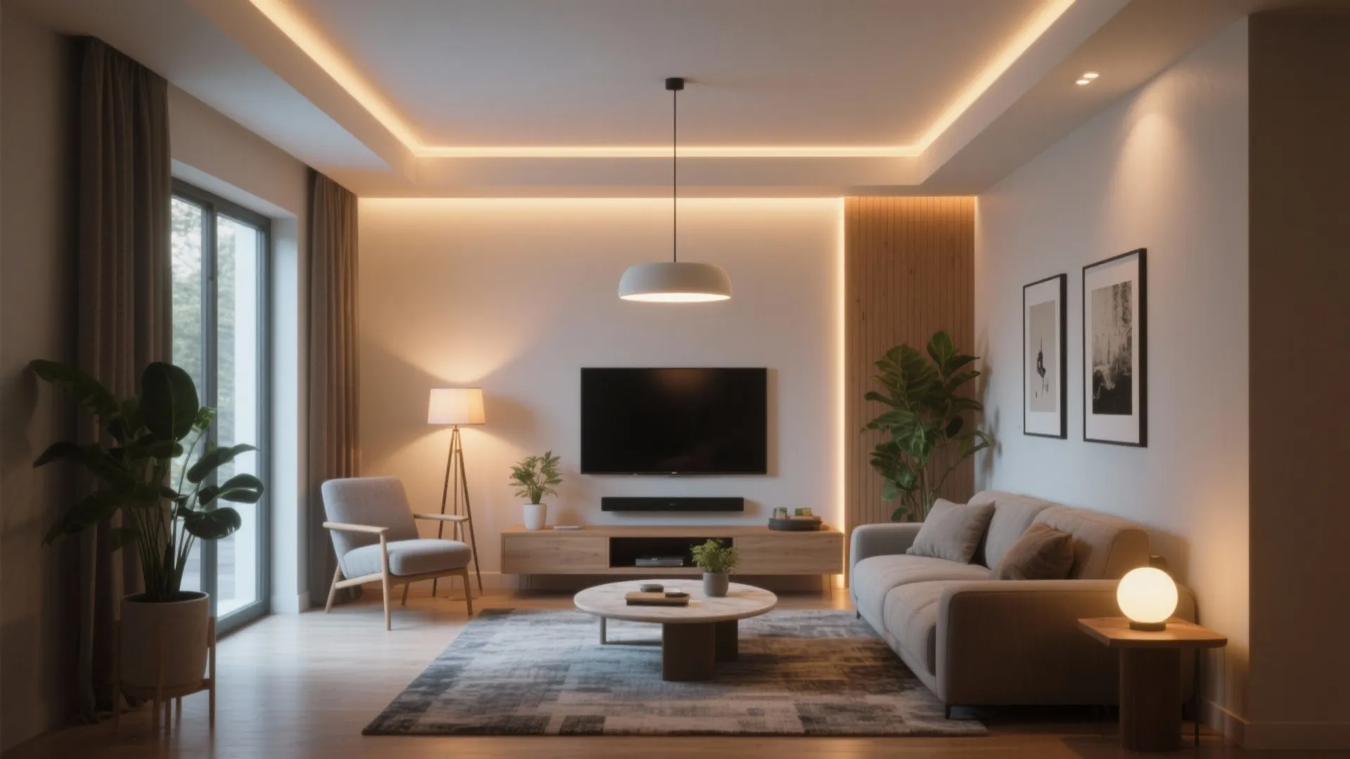 Modern living room featuring a grey sofa marble coffee table television and warm ceiling light