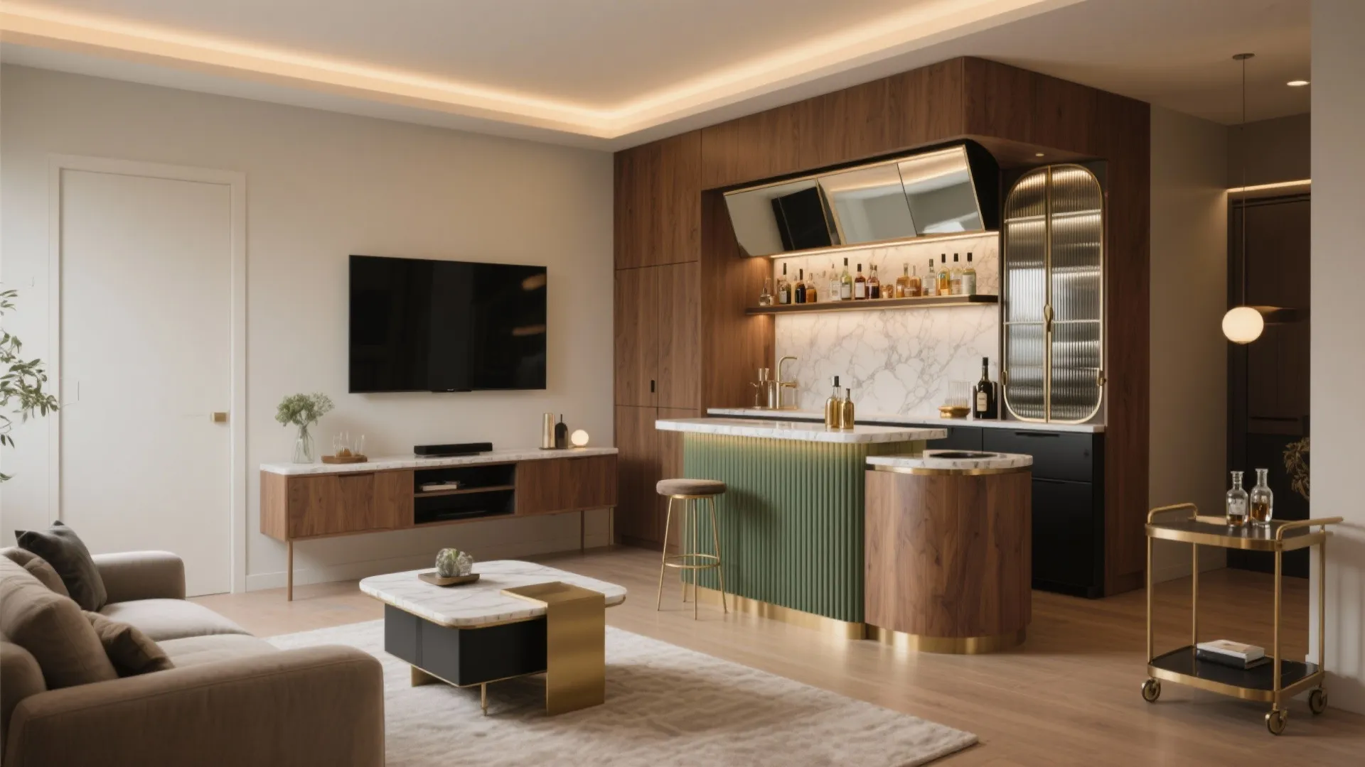 Open plan living room featuring a green kitchen bar and wood cabinet with wall television