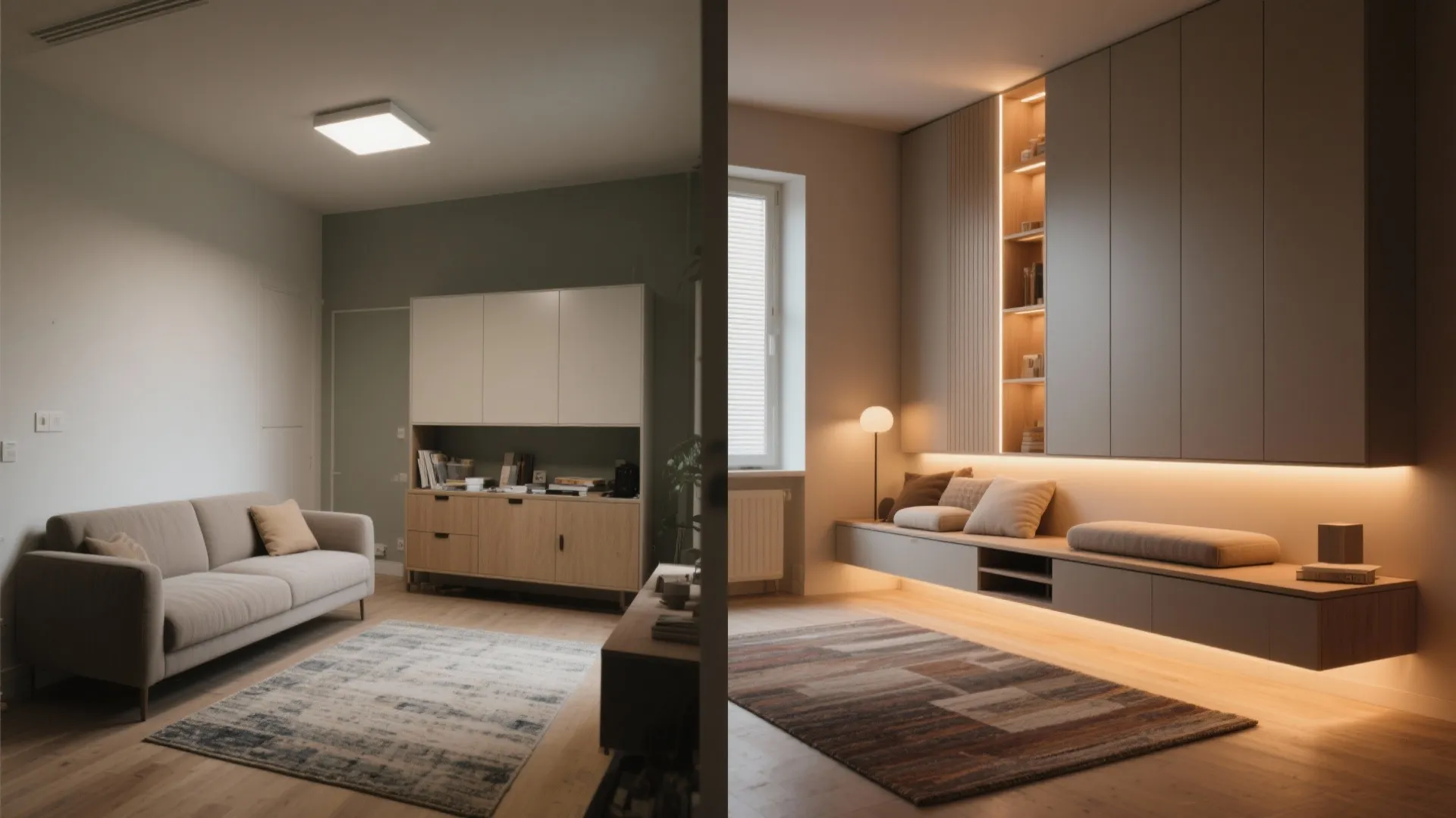 Before and after comparison of a living room renovation with new cabinets and warm lights