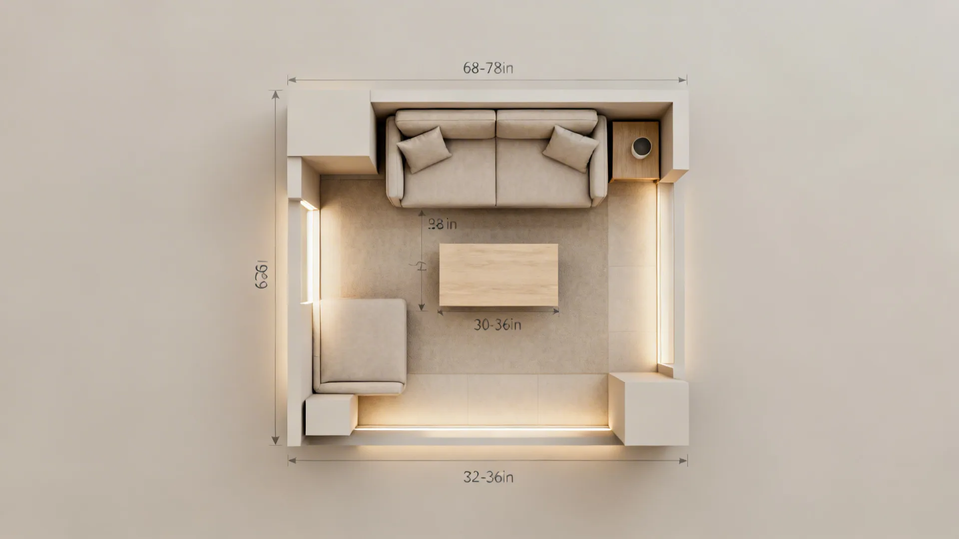 Top-down layout showing compact sofa dimensions and clear walkway spacing in a small room.