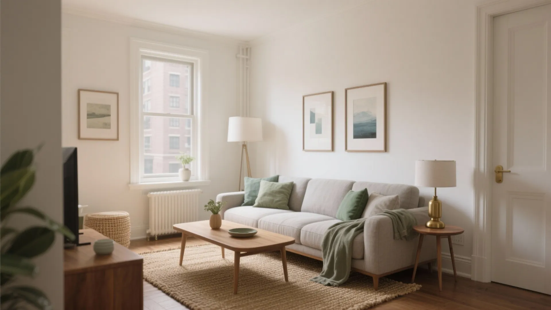 Bright living room featuring grey sofa green pillows wooden table rug floor lamp and wall art
