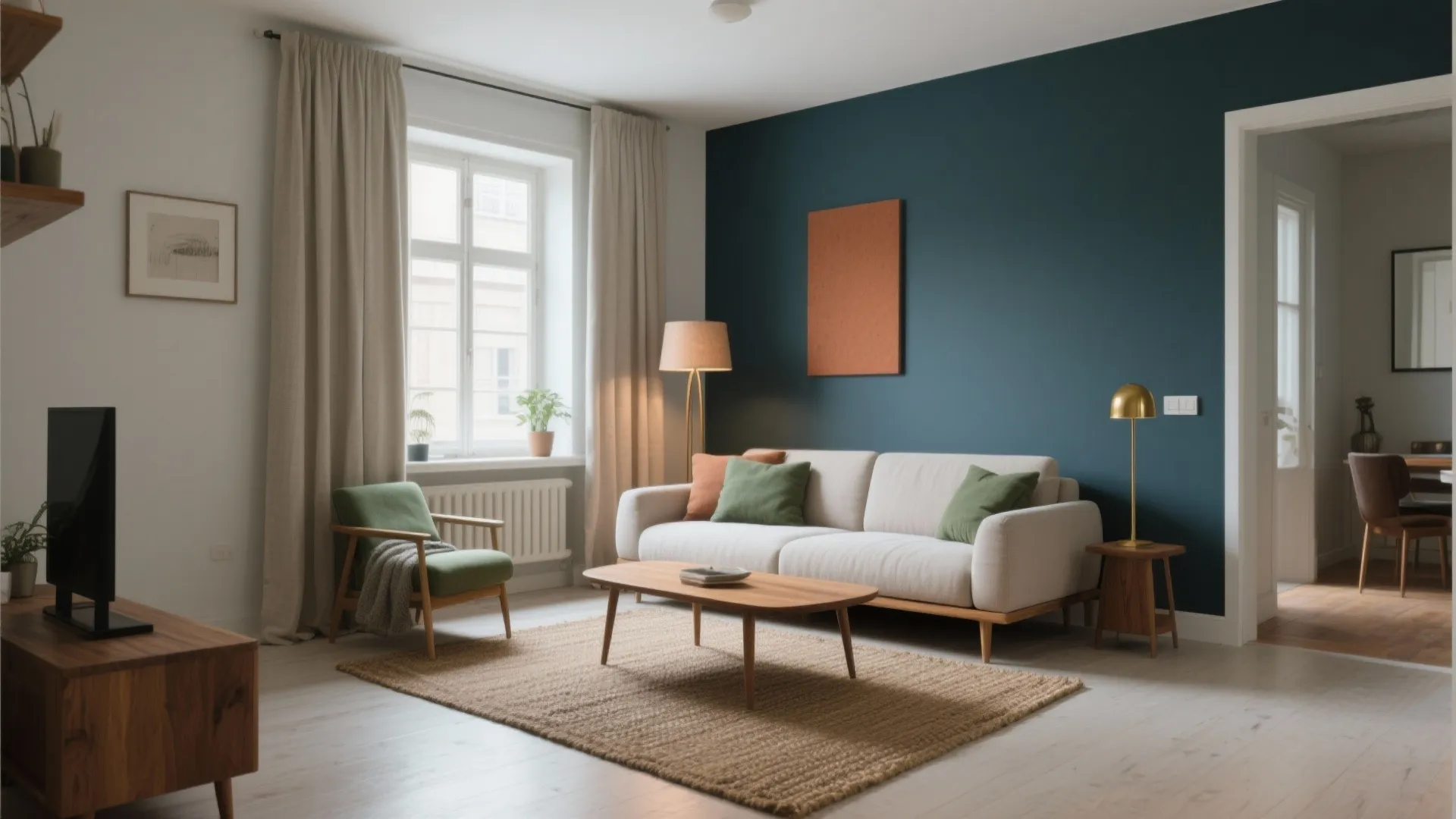 Modern living room featuring a teal accent wall white sofa green armchair and wooden coffee table