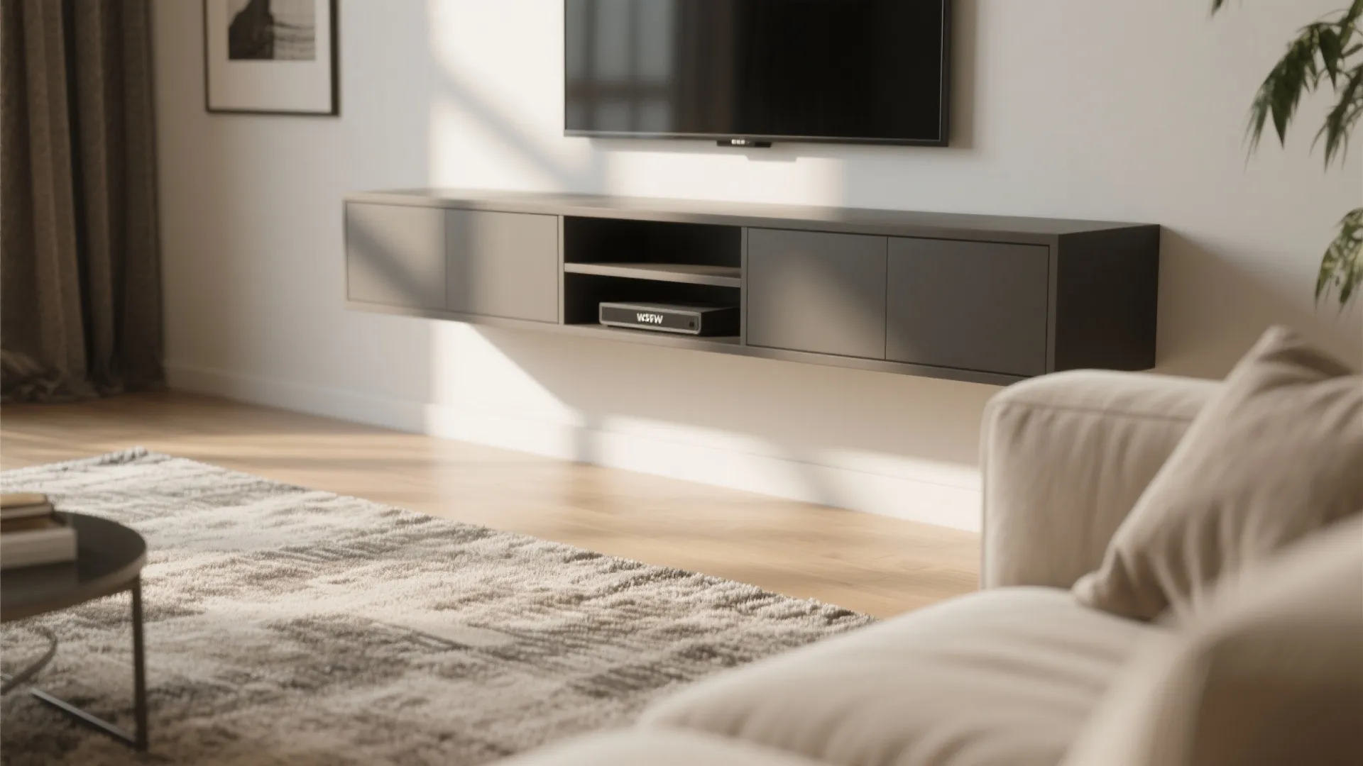 Minimalist living room with grey wall cabinet, flat screen television, beige sofa, and soft rug