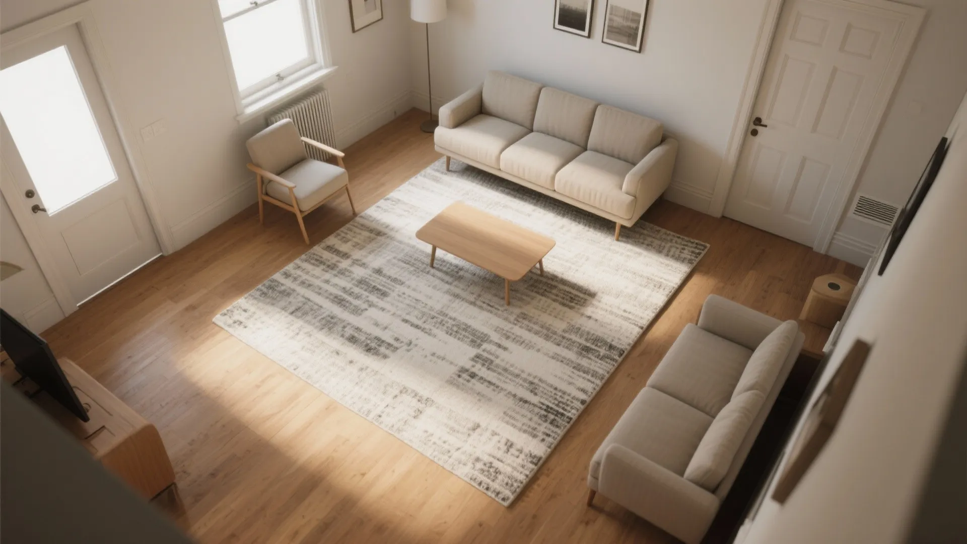 Top-down plan of a small living room with a generously sized rug under sofa and chairs, leaving clear walkways around seating.
