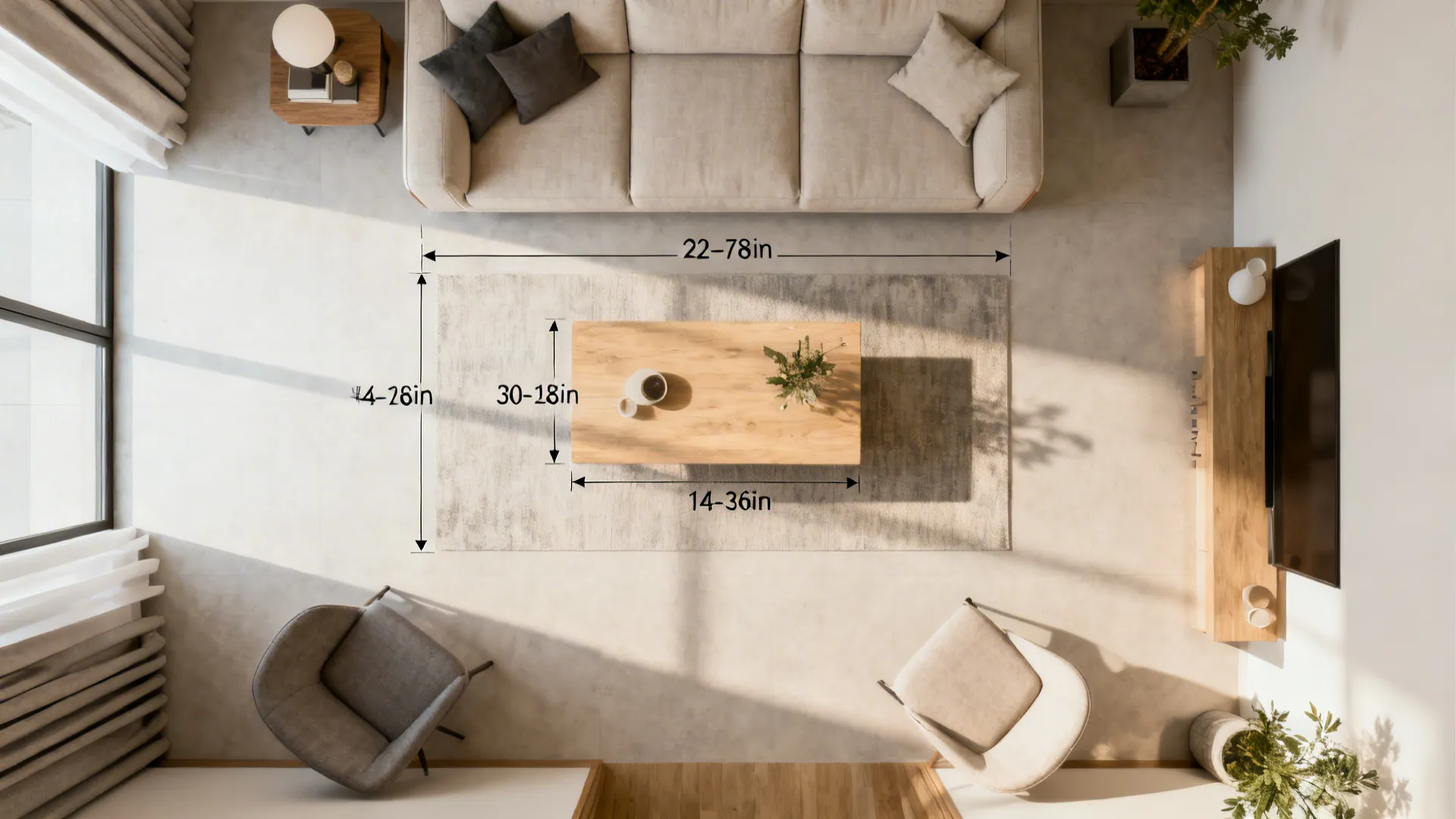Top-down proportional layout showing sofa, coffee table, and clearances for a small room.