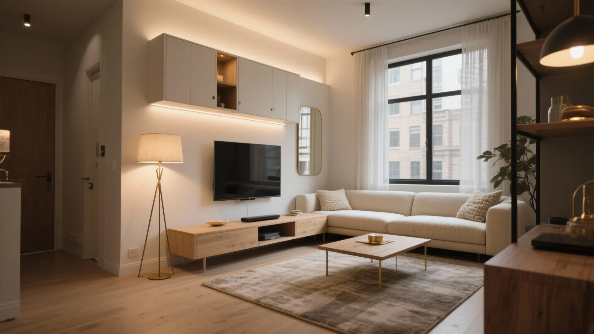 Modern living room with white sofa and wooden coffee table under warm light from floor lamp