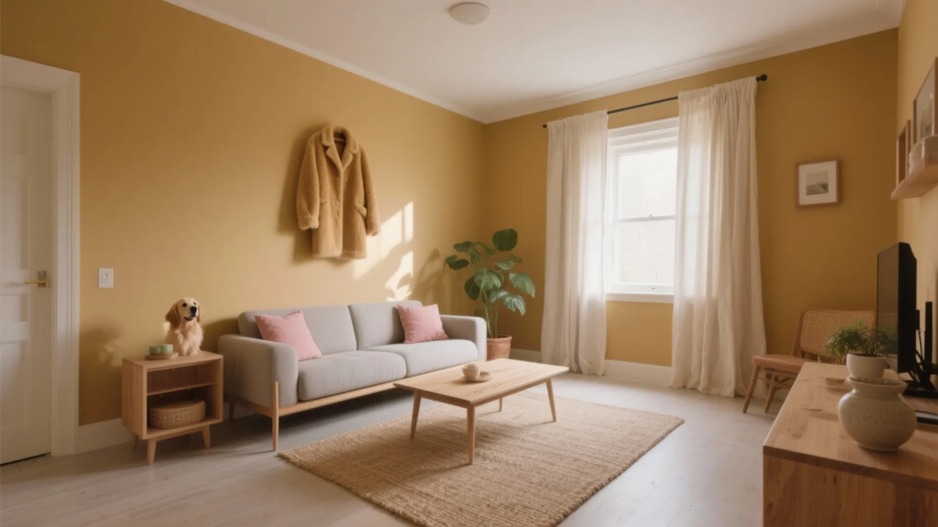 Yellow living room with grey sofa pink cushions wooden coffee table white curtains and green plant