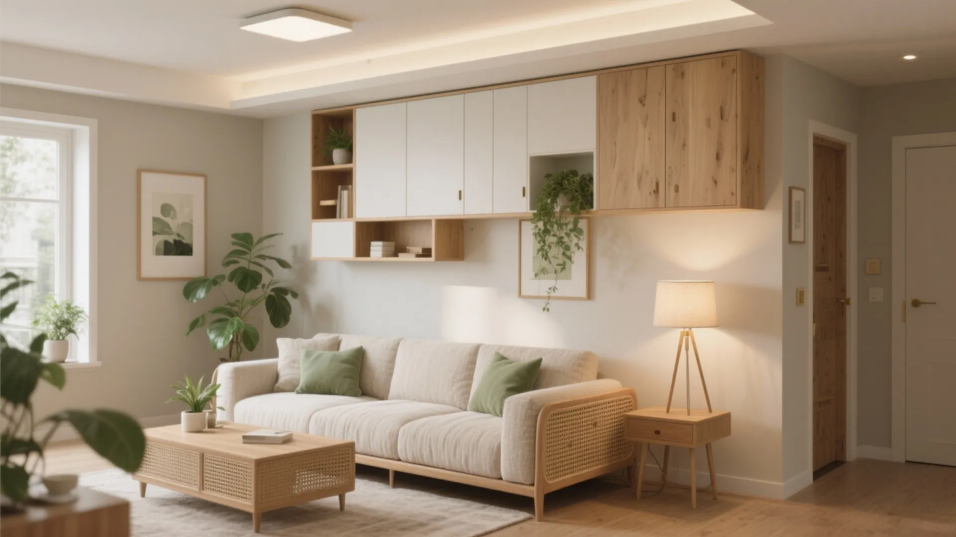 Modern living room with beige sofa wood coffee table white wall cabinets and green indoor plants