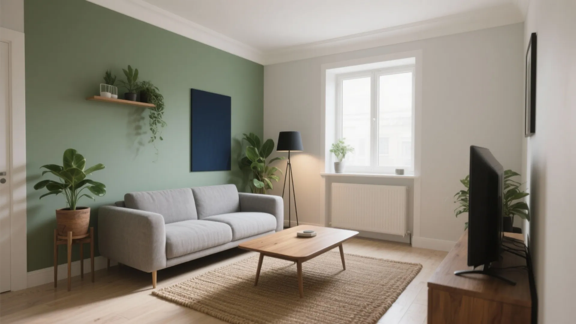 Small living room with green accent wall grey sofa wooden coffee table and indoor plants