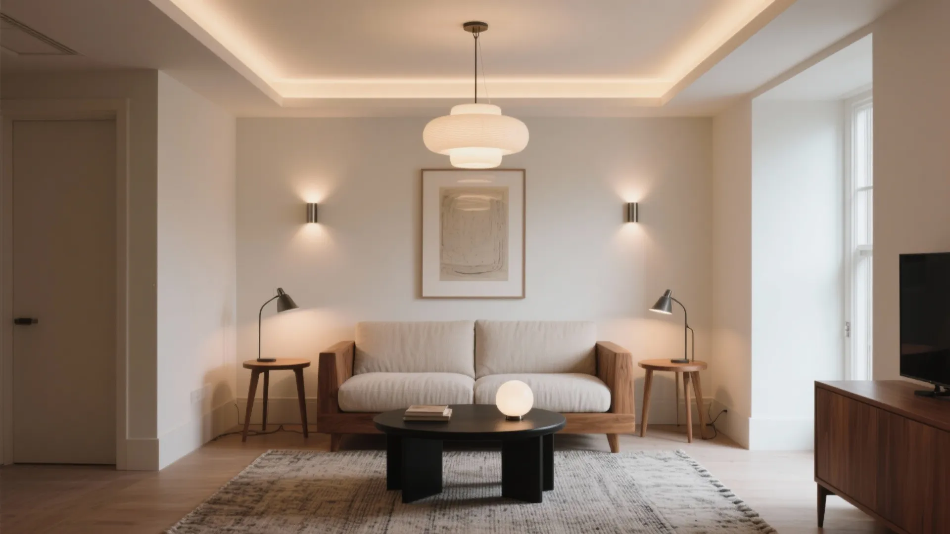 Modern living room featuring a beige sofa wooden side tables black coffee table and ceiling light