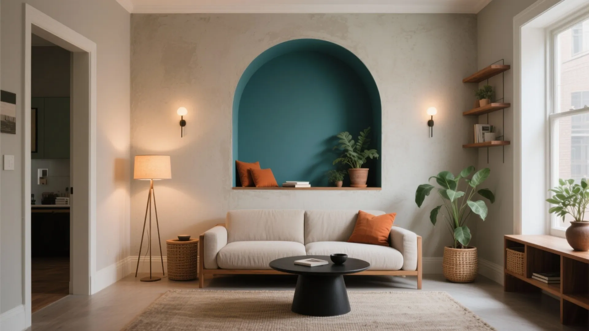 Modern living room with beige sofa green wall arch black coffee table and warm lighting