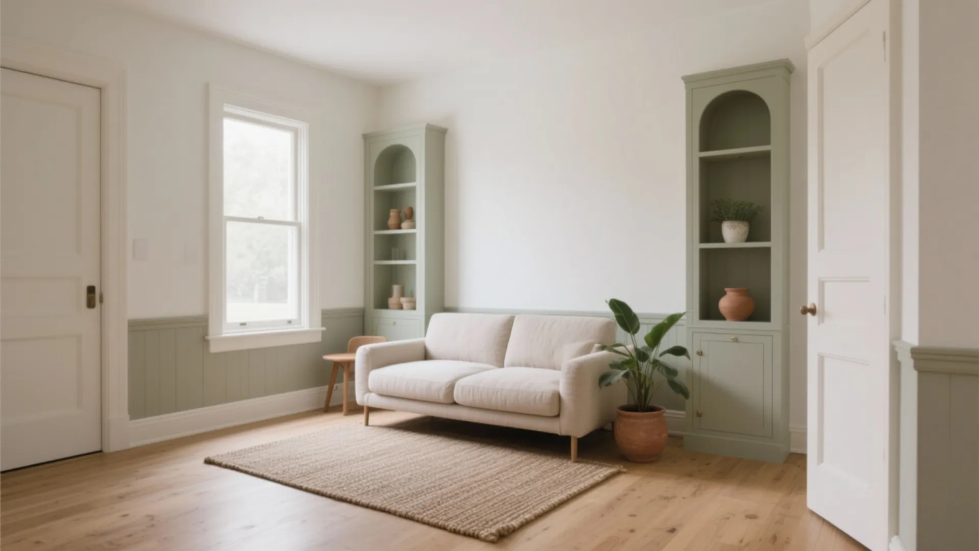 Bright living room with green wall panels white sofa wooden floor and built in green cabinets