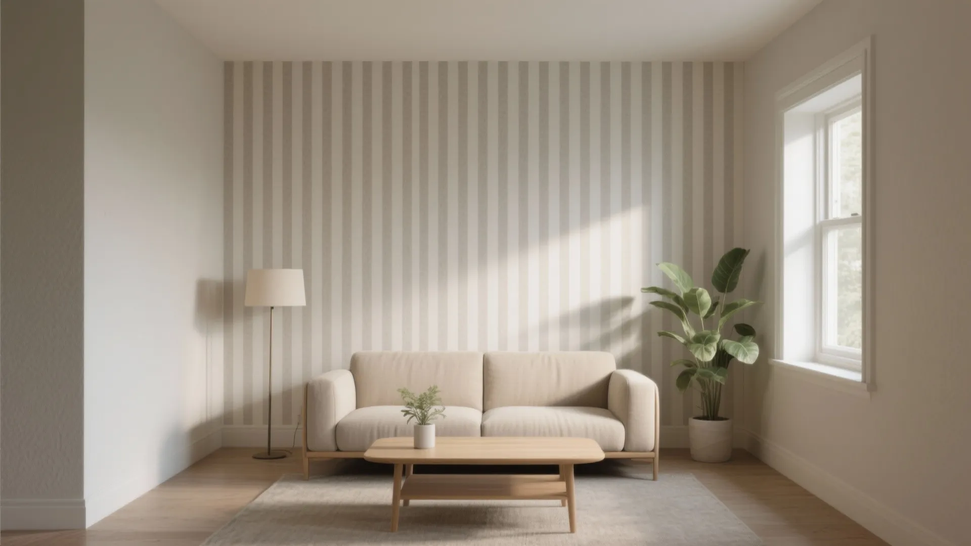 Minimalist living room featuring cream sofa wooden coffee table striped wallpaper floor lamp and green plant