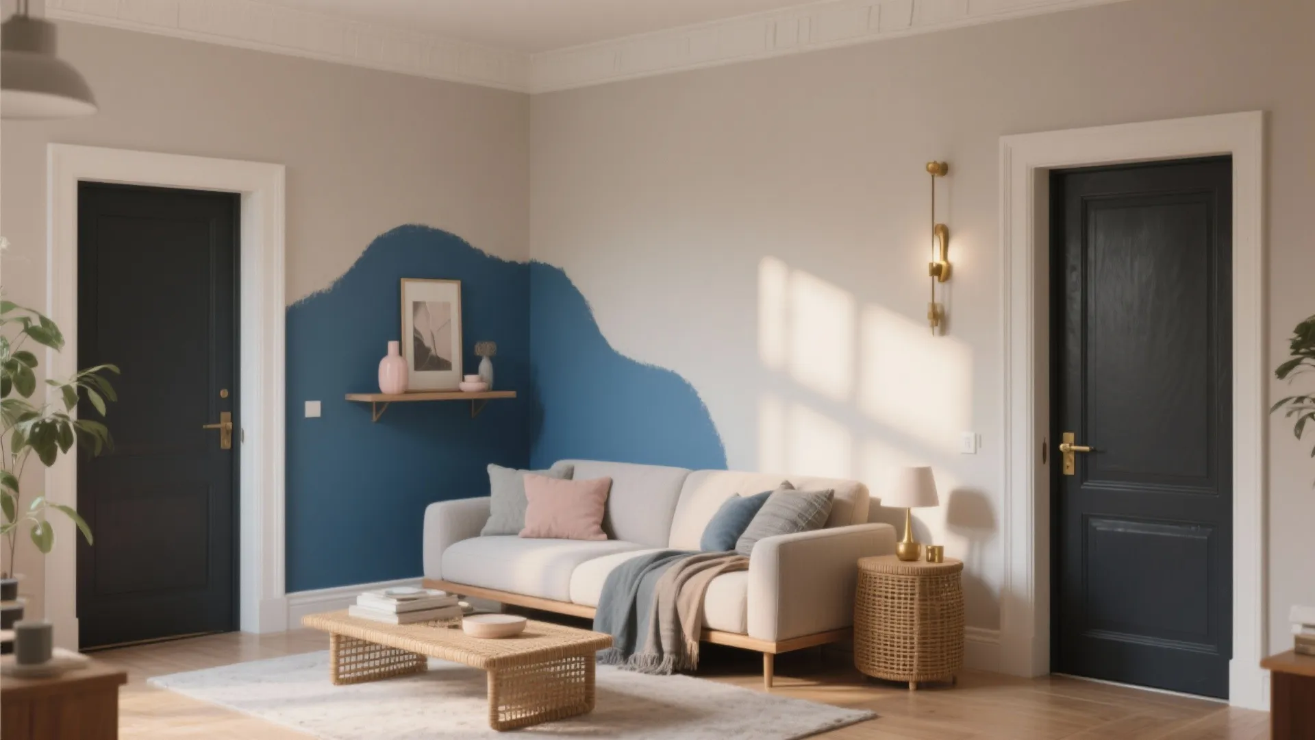 Modern living room with a white sofa blue wall paint black doors and wooden coffee table
