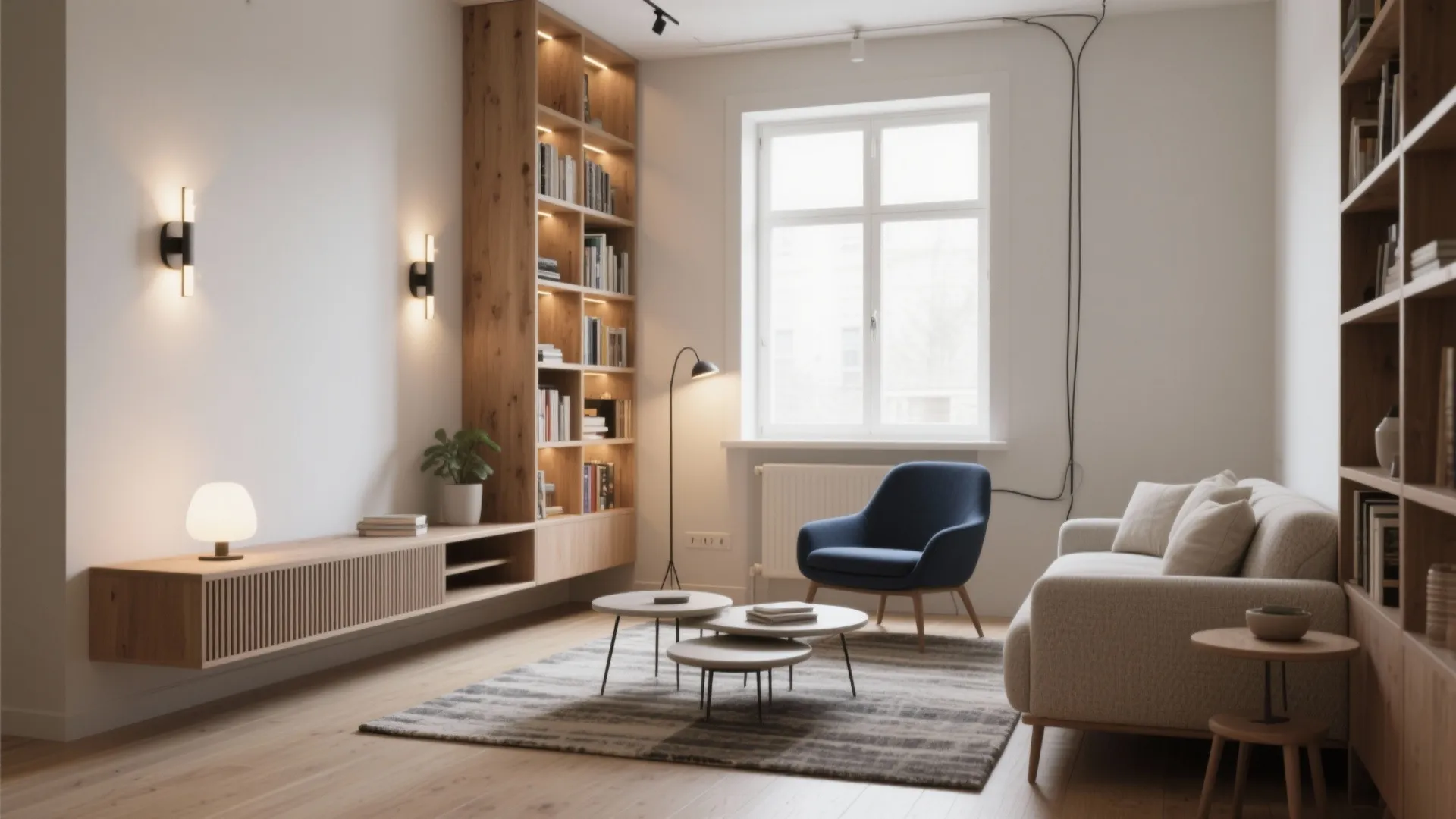 Minimalist living room with wooden bookshelves beige sofa blue armchair wall lights and round tables