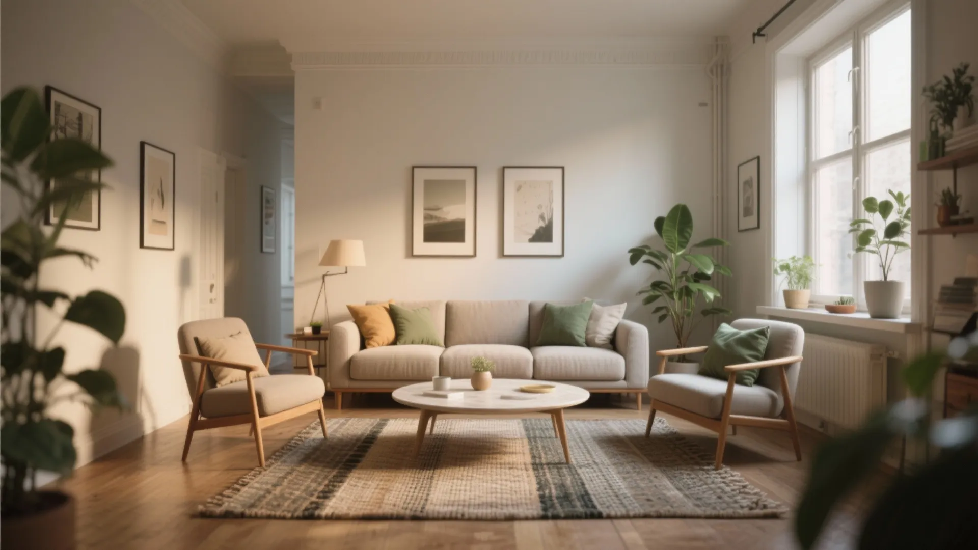 Bright living room with grey sofa two armchairs round coffee table rug wall art and plants