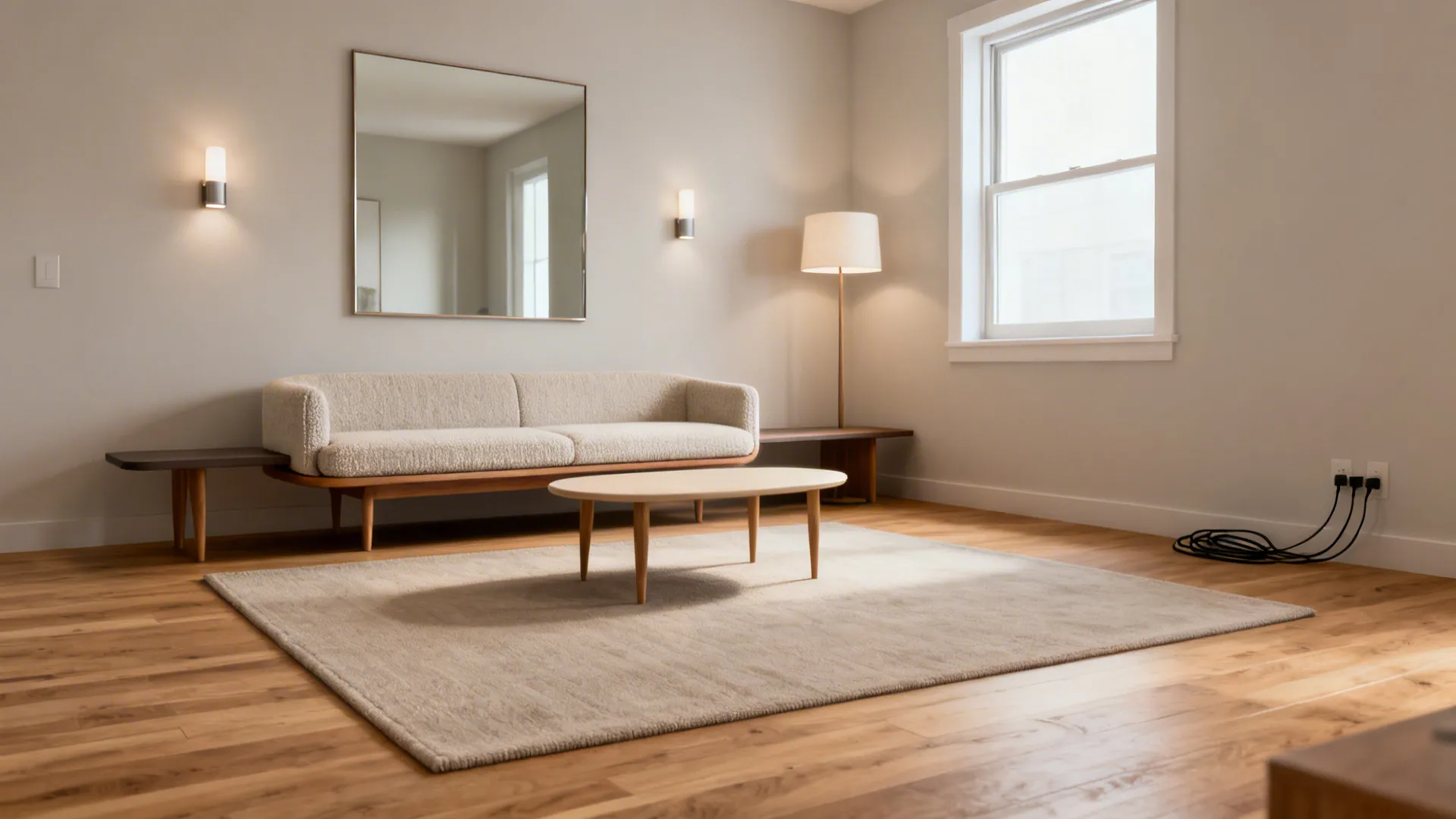 Minimalist living room with cream sofa, oval coffee table, large mirror, wall lights and floor