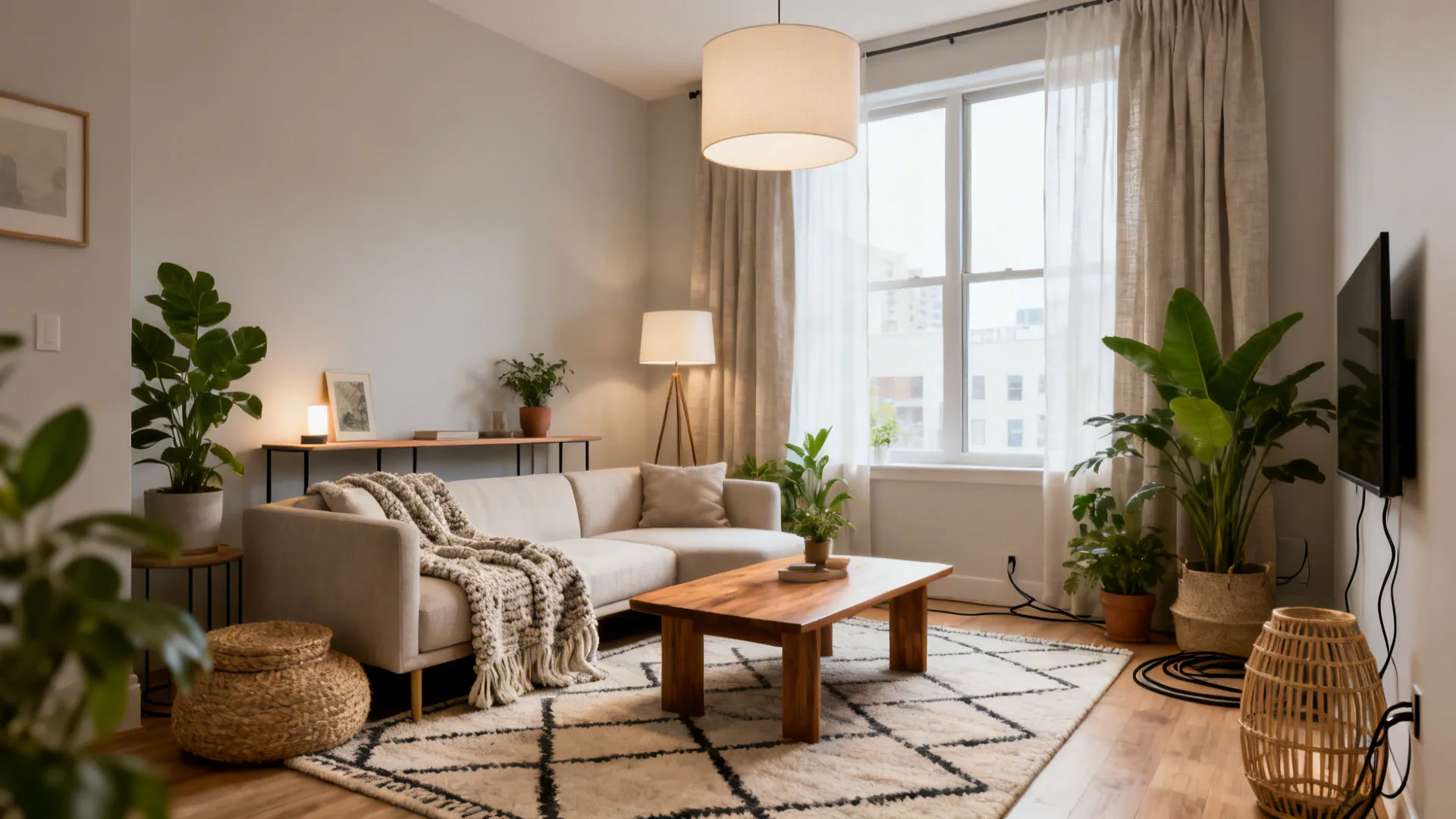 Modern living room featuring white sofa wooden coffee table large ceiling light rug and plants
