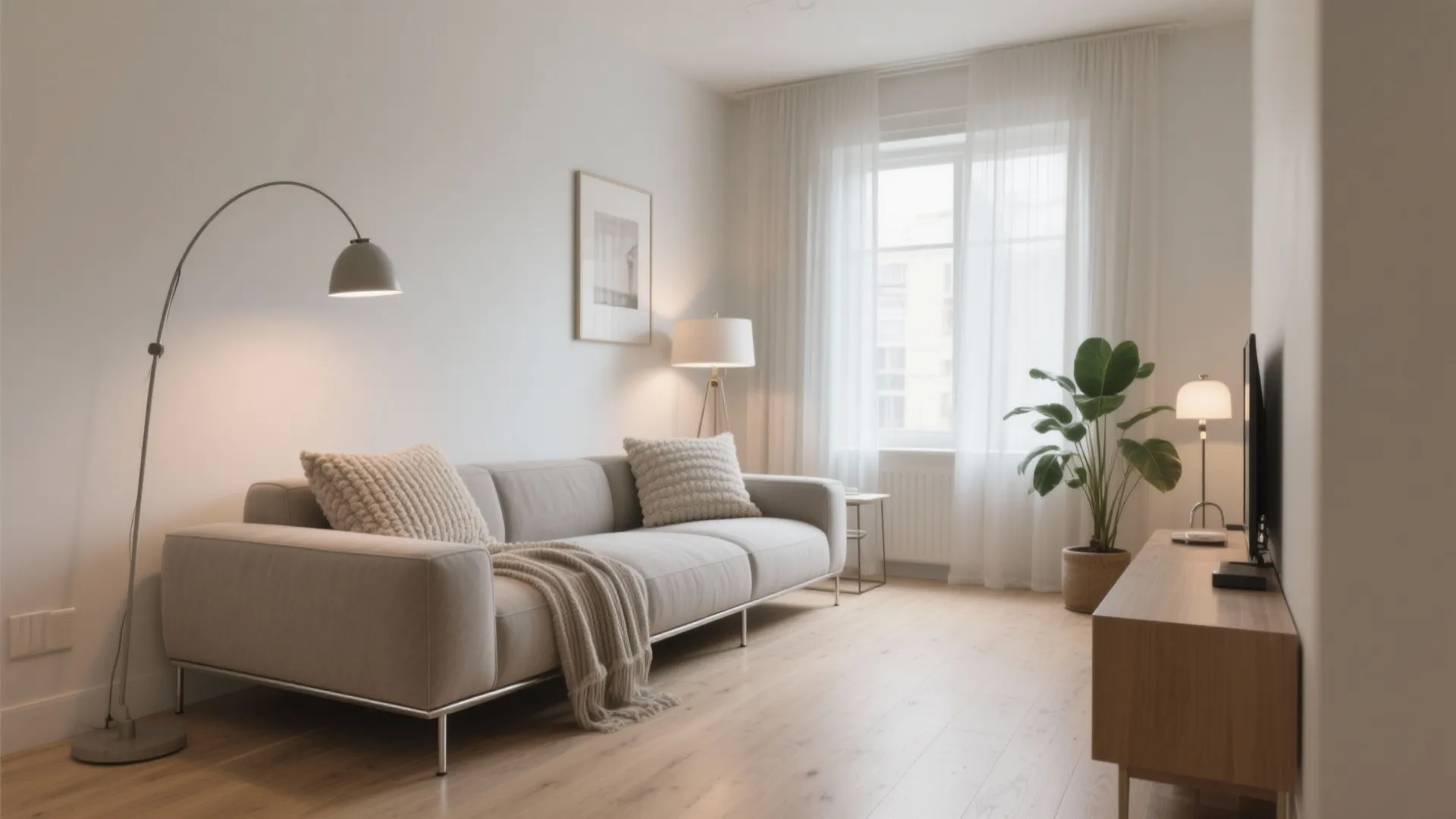 Cozy living room interior design with grey sofa floor lamp green plant and wooden cabinet