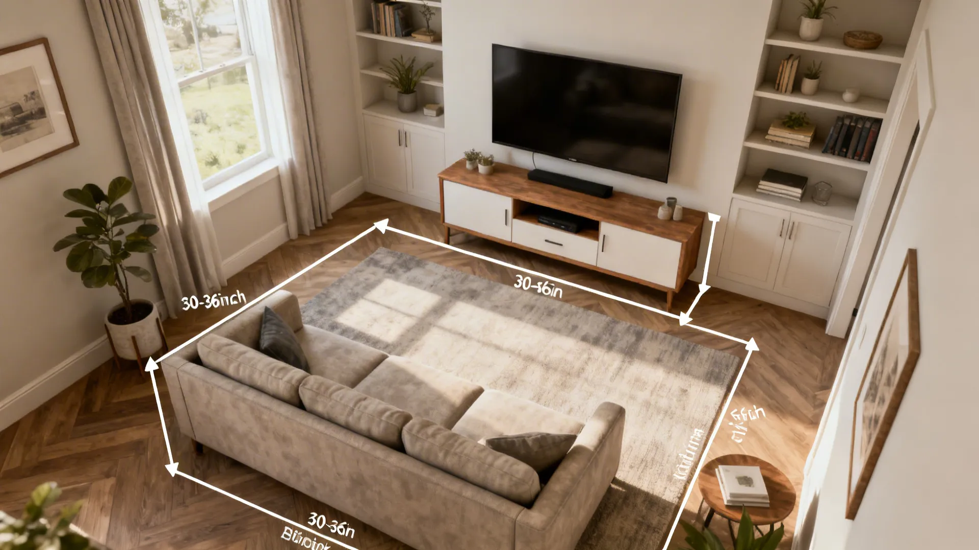 Top-down plan view of a small living room showing sofa, media wall, and clear circulation path.