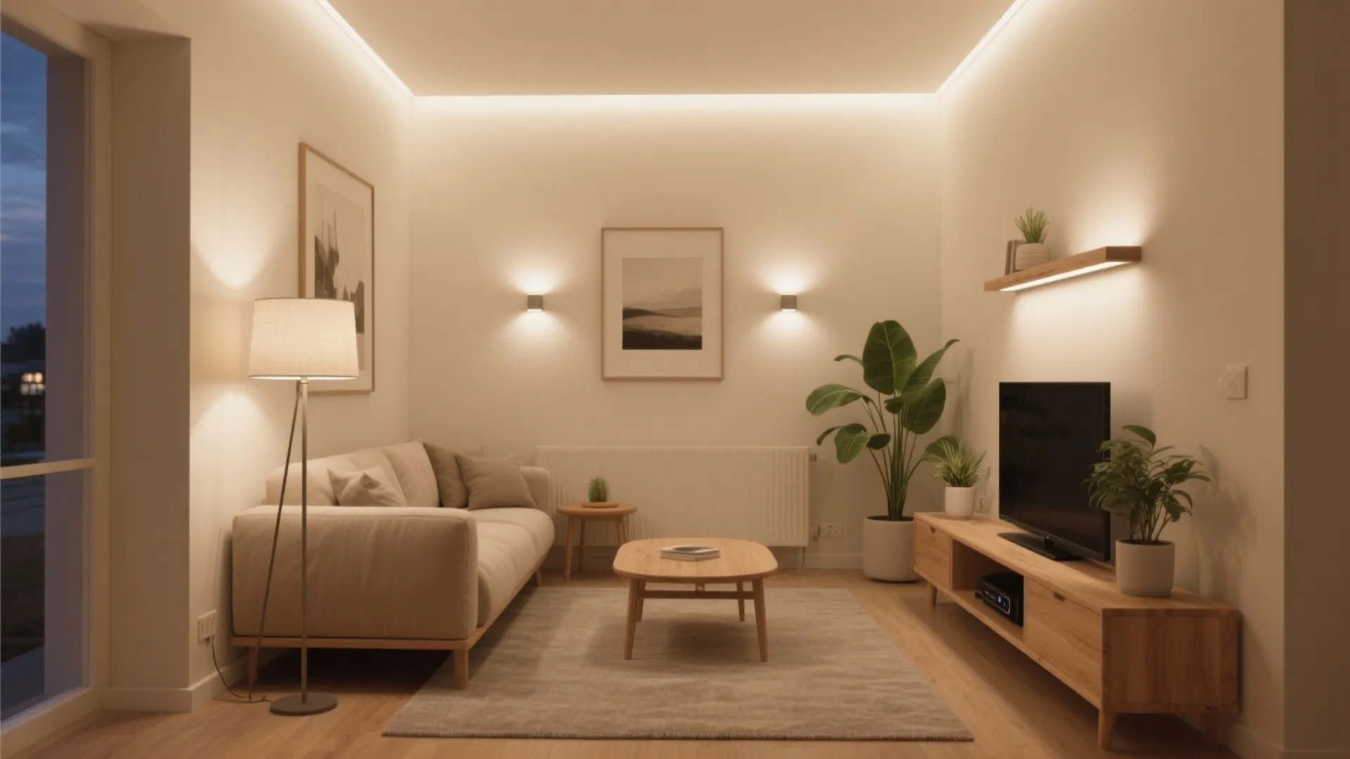 Warm living room interior design with cream sofa wooden coffee table floor lamp and wall lights