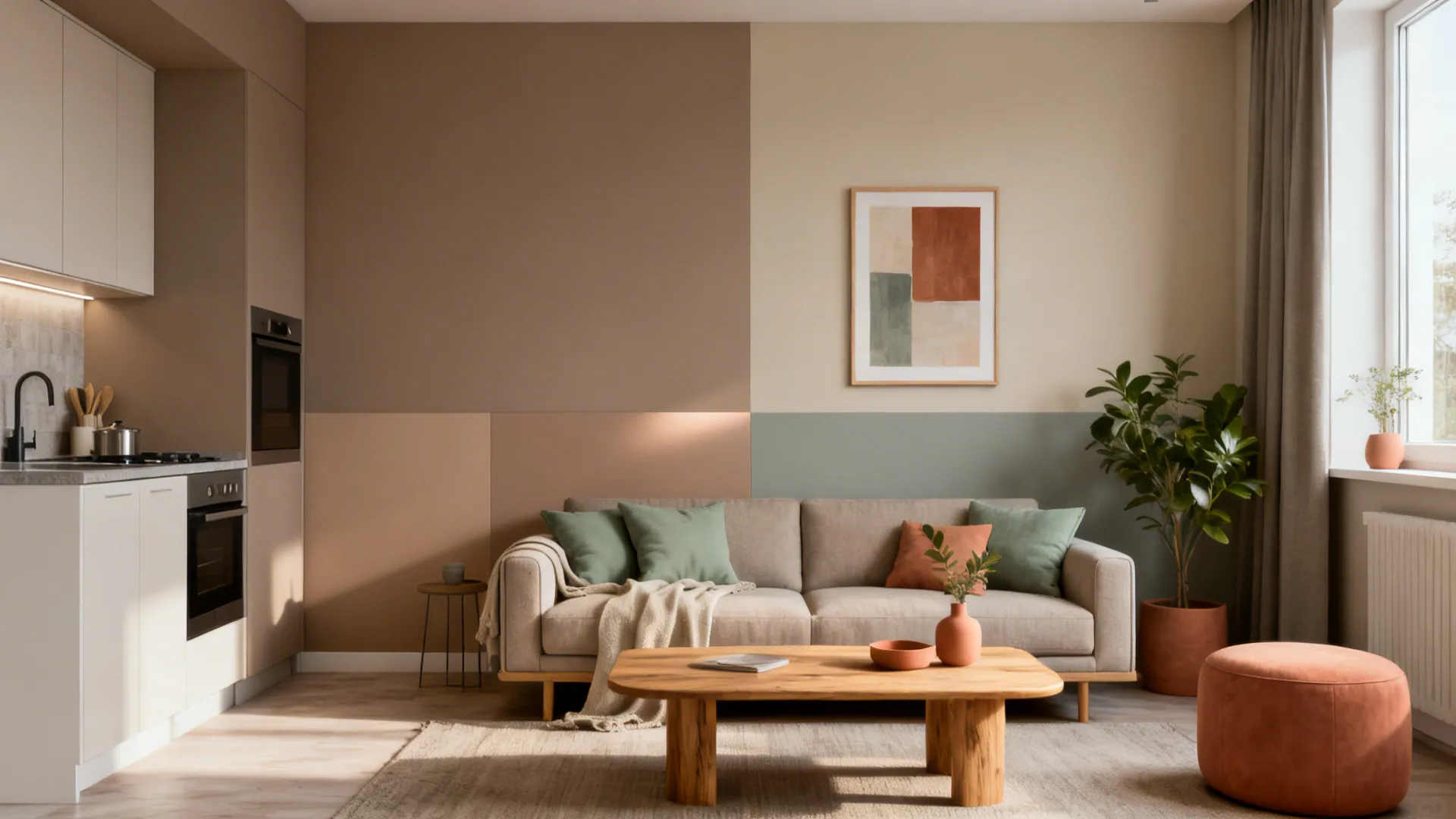 Open plan living room showing color blocked walls with beige sofa wooden coffee table and greenery
