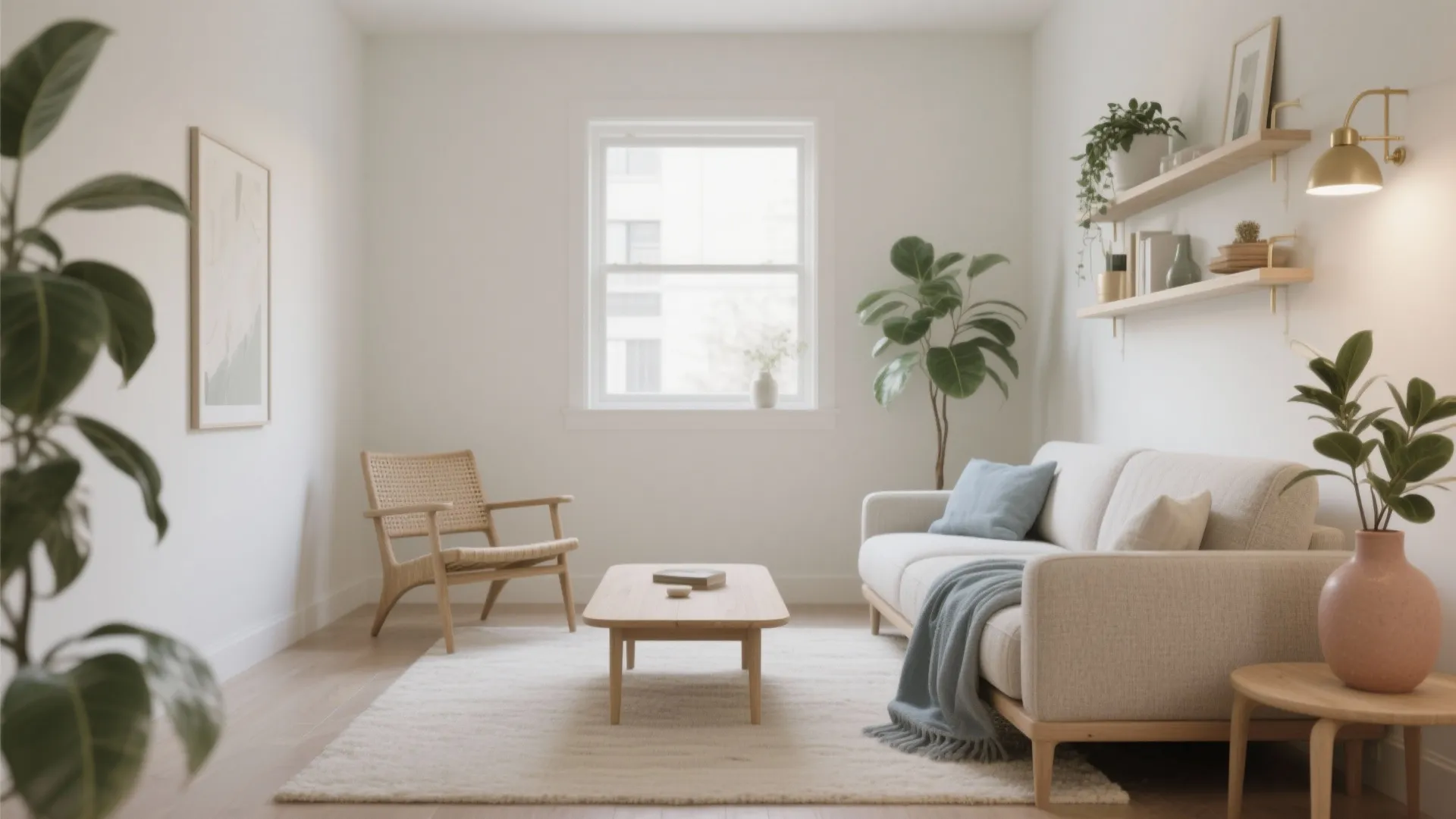 Bright living room featuring beige sofa wooden coffee table woven chair white walls and green plants