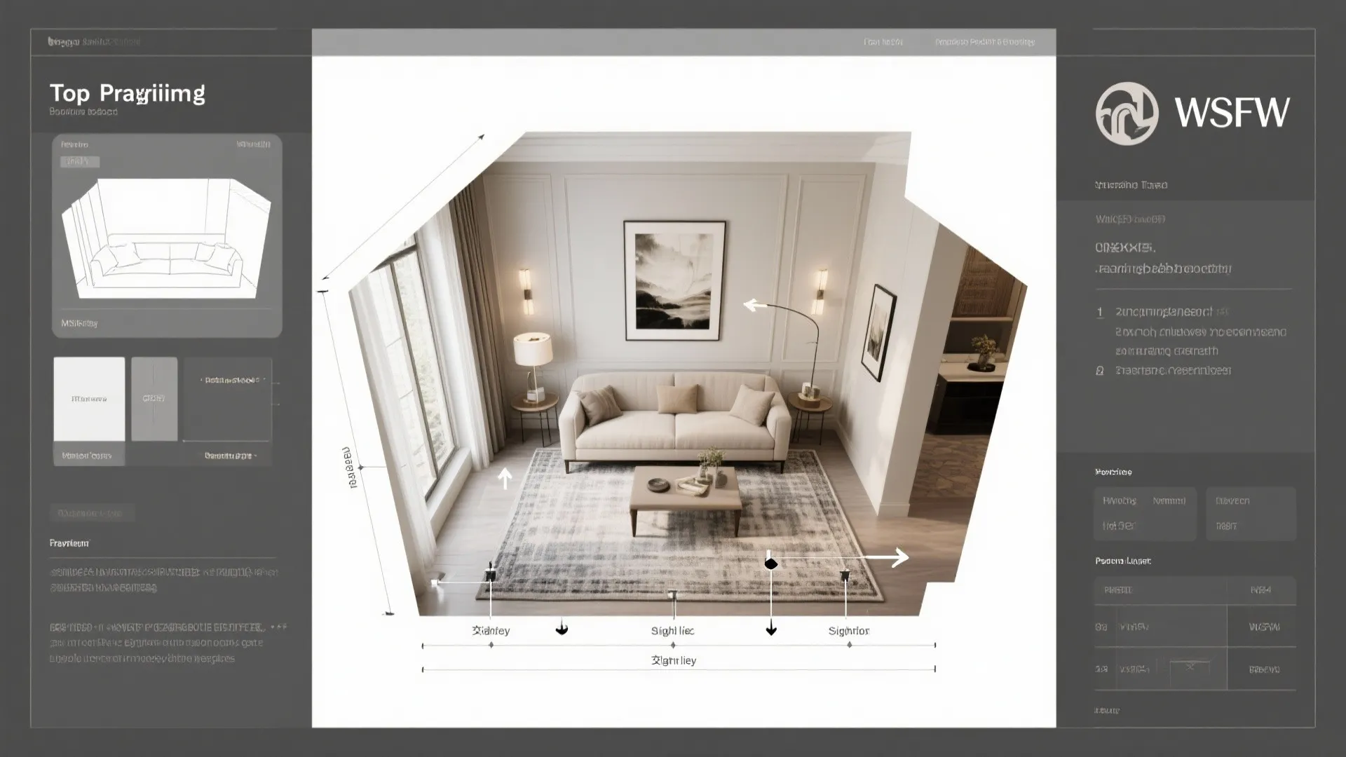 Interior design software interface showing a living room layout with dimensions and furniture placement tools